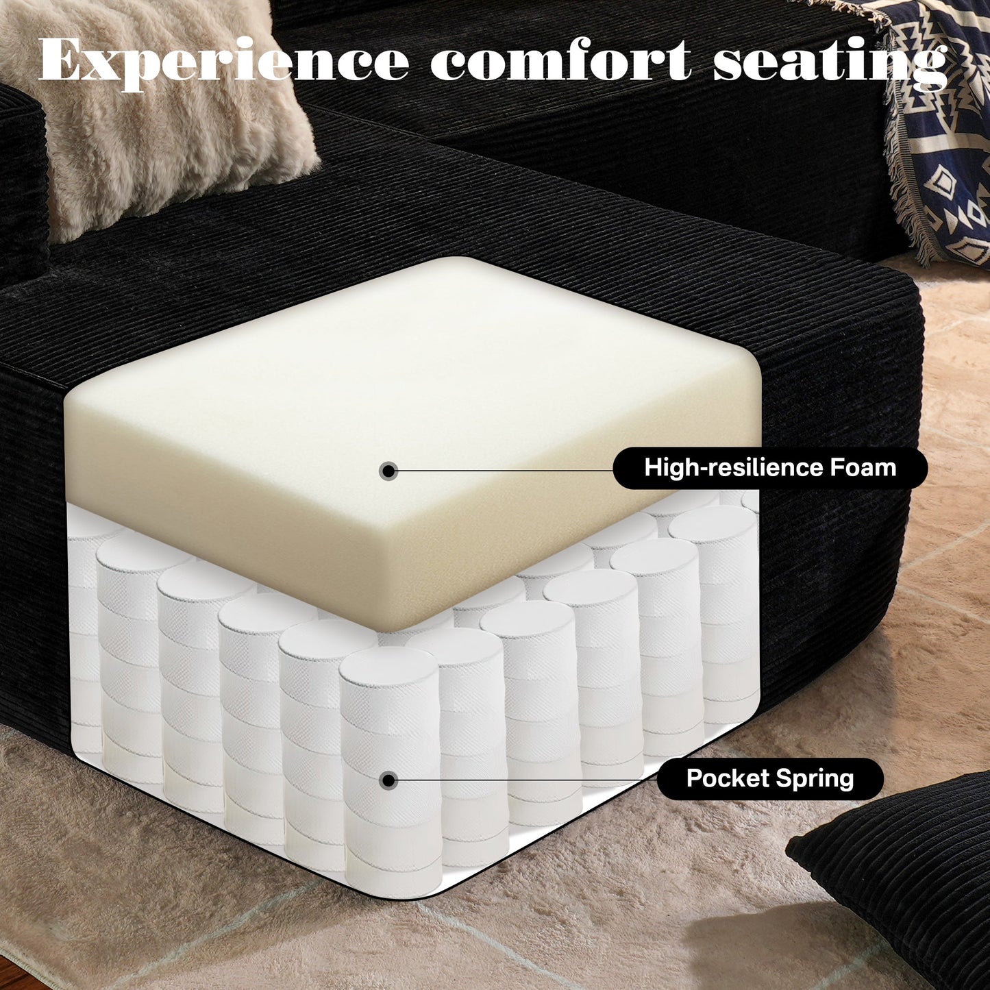 104" L-Shape Modular Couch with Chaise, Plush Corduroy Fabric, No Assembly Required