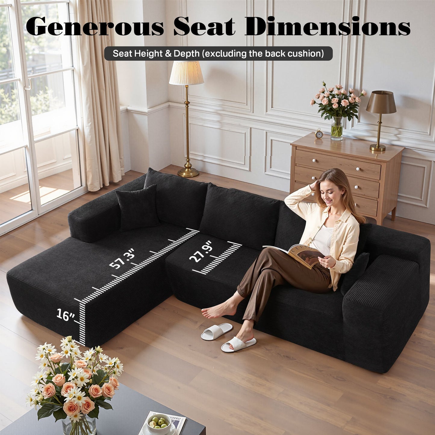 104" L-Shape Modular Couch with Chaise, Plush Corduroy Fabric, No Assembly Required