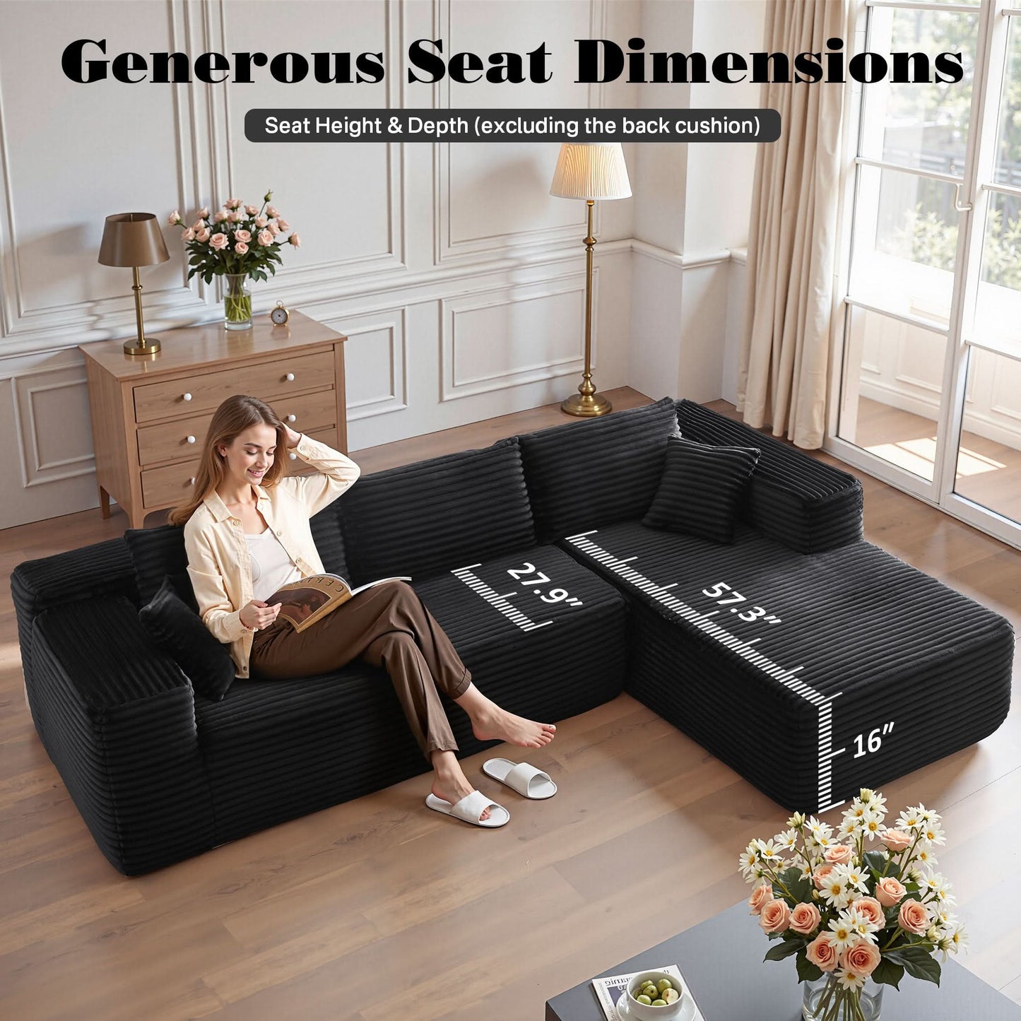 104" L-Shape Modular Couch with Chaise, Plush Corduroy Fabric, No Assembly Required