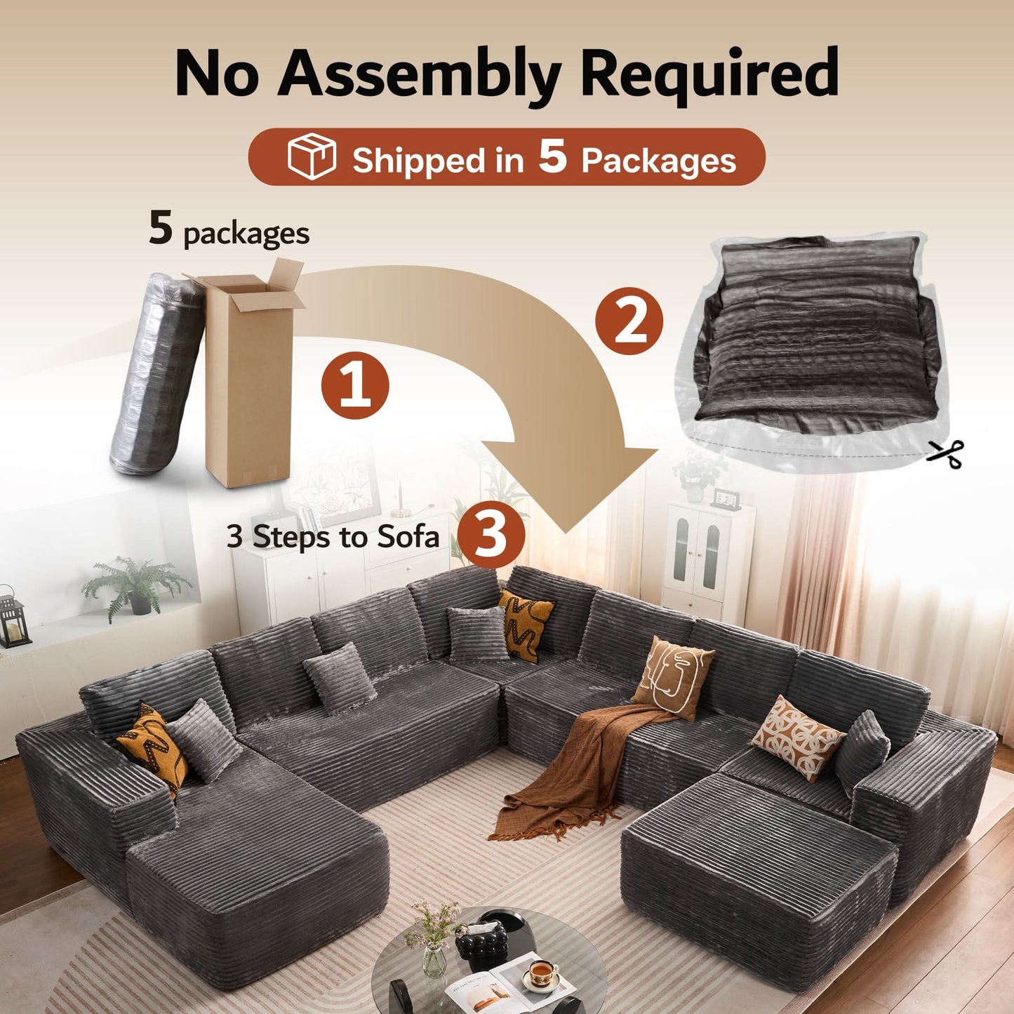 Modular Sectional Cloud Couch, Plush Corduroy Sofa with Memory Foam, No Assembly