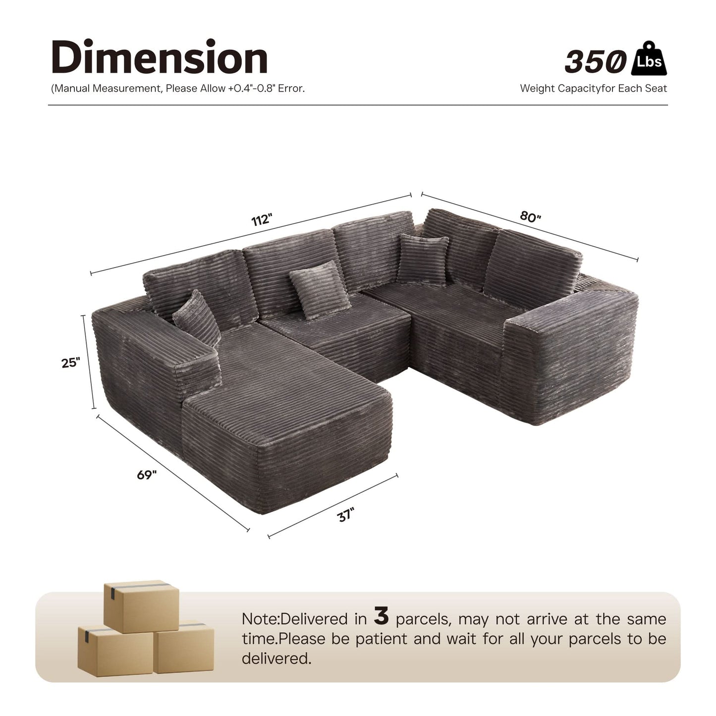 Modular Sectional Cloud Couch, Plush Corduroy Sofa with Memory Foam, No Assembly