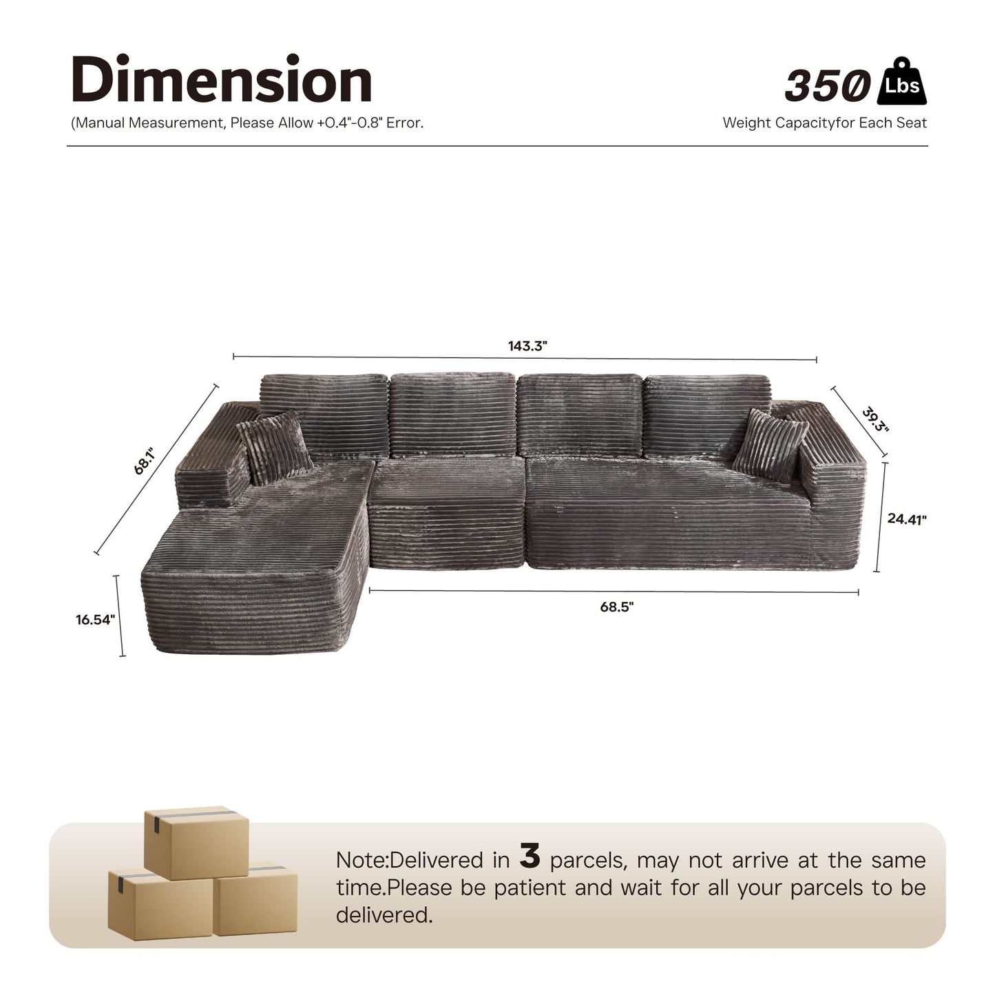 Modular Sectional Cloud Couch, Plush Corduroy Sofa with Memory Foam, No Assembly