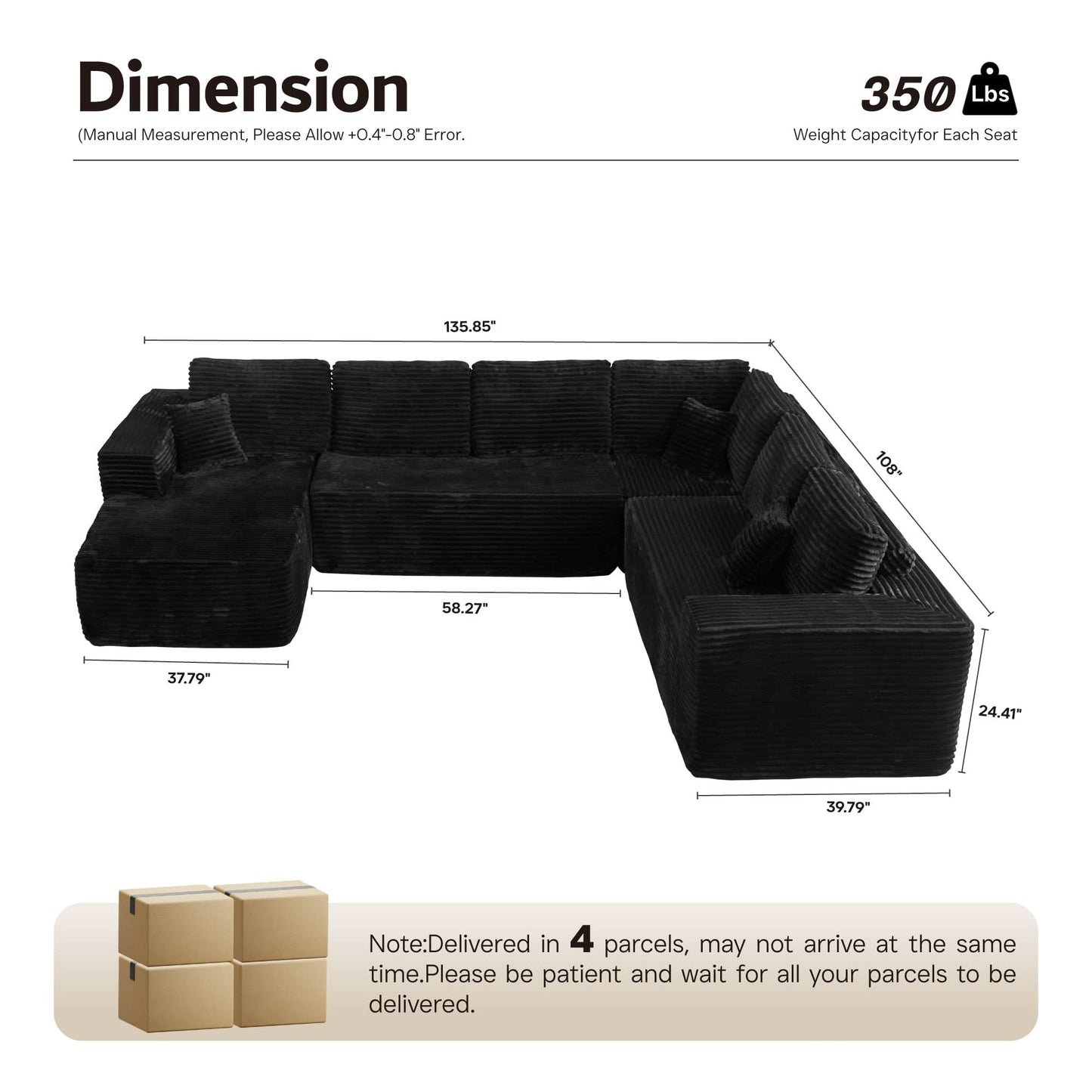Modular Sectional Cloud Couch, Plush Corduroy Sofa with Memory Foam, No Assembly