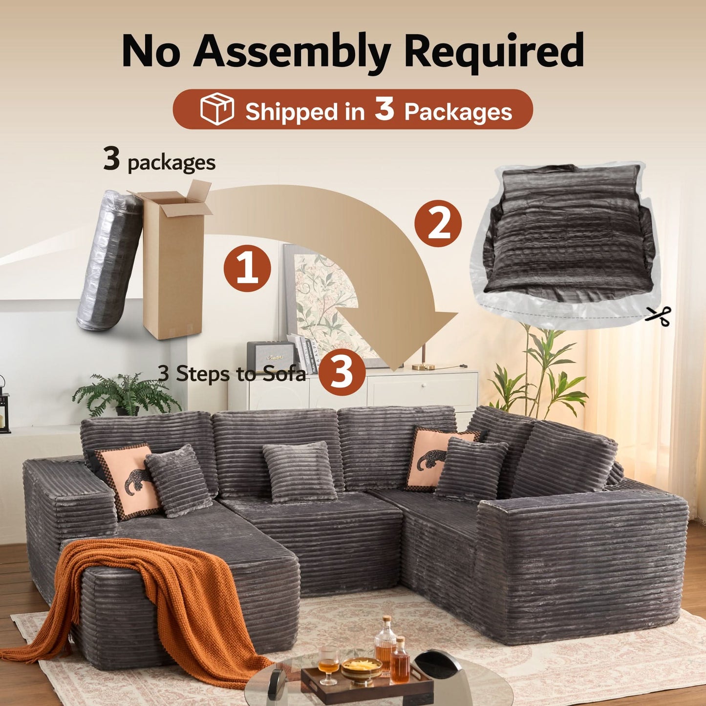 Modular Sectional Cloud Couch, Plush Corduroy Sofa with Memory Foam, No Assembly
