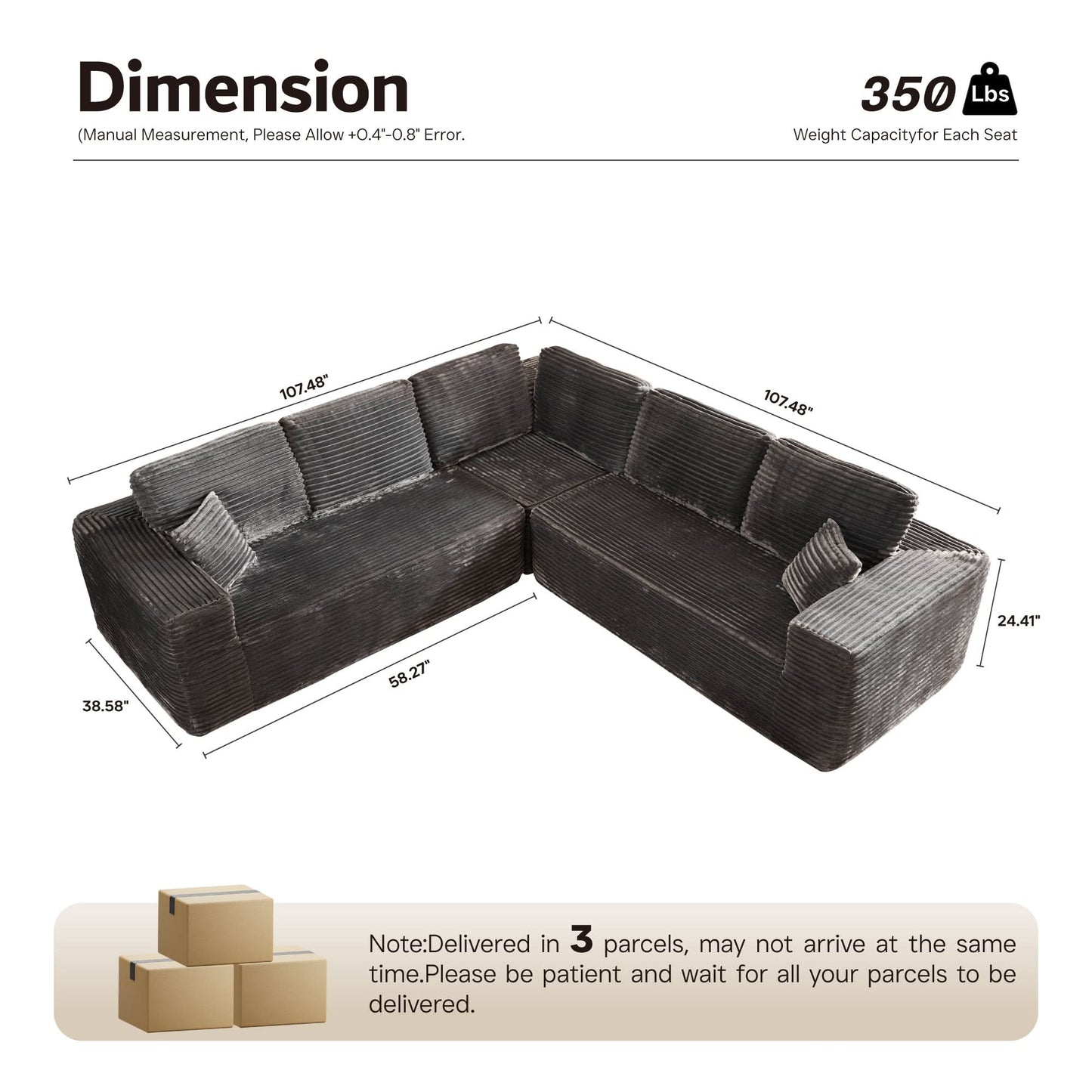 Modular Sectional Cloud Couch, Plush Corduroy Sofa with Memory Foam, No Assembly