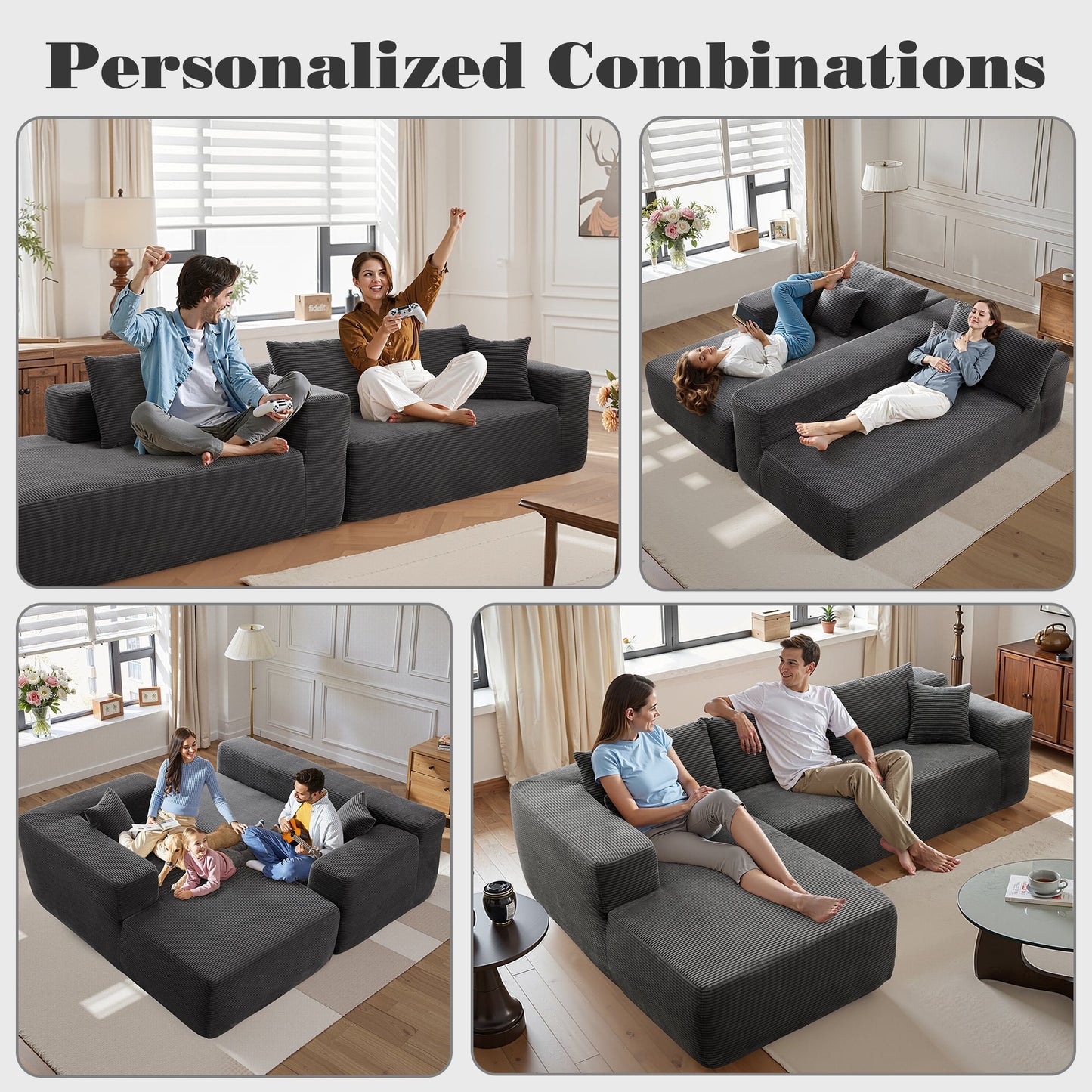 104" L-Shape Modular Couch with Chaise, Plush Corduroy Fabric, No Assembly Required