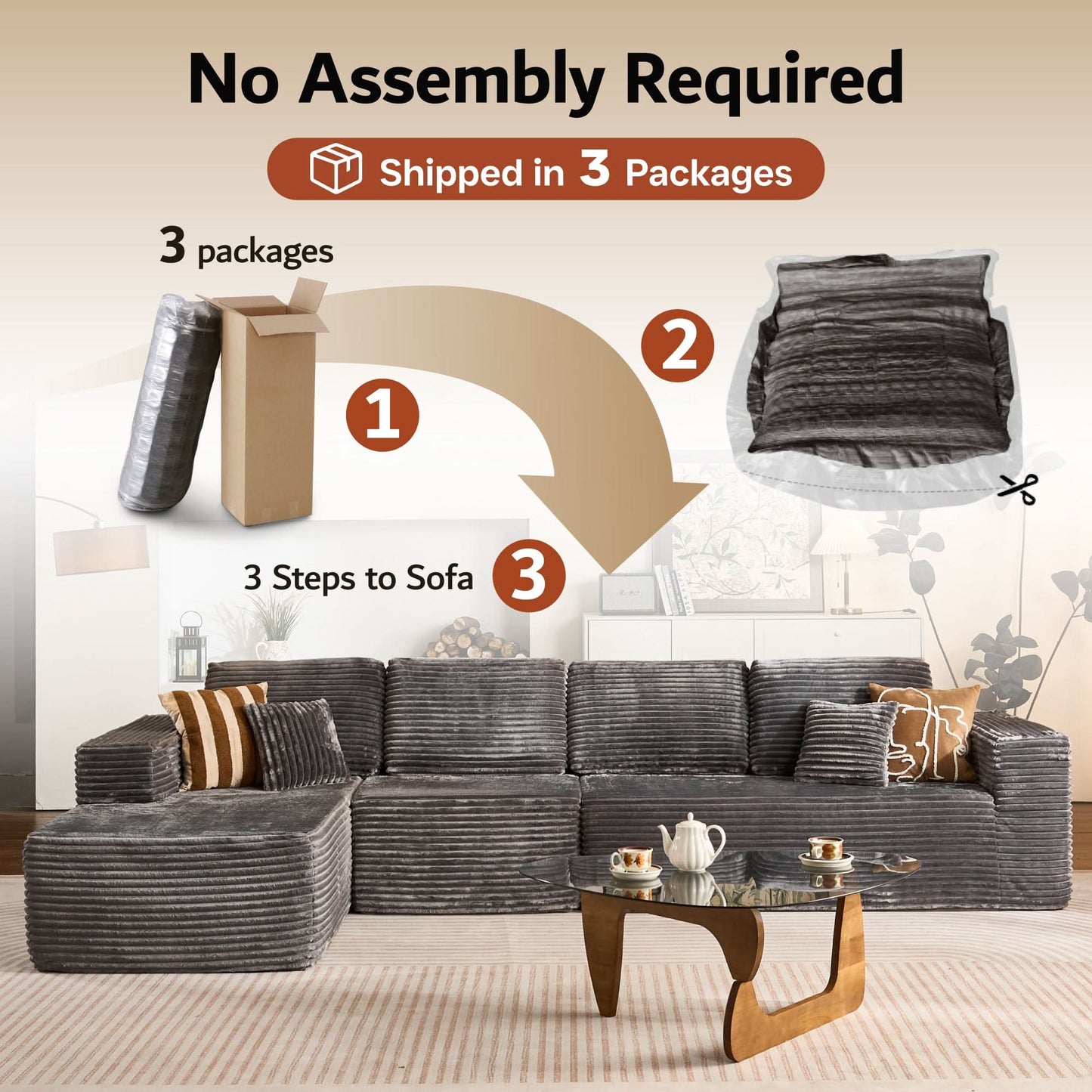 Modular Sectional Cloud Couch, Plush Corduroy Sofa with Memory Foam, No Assembly