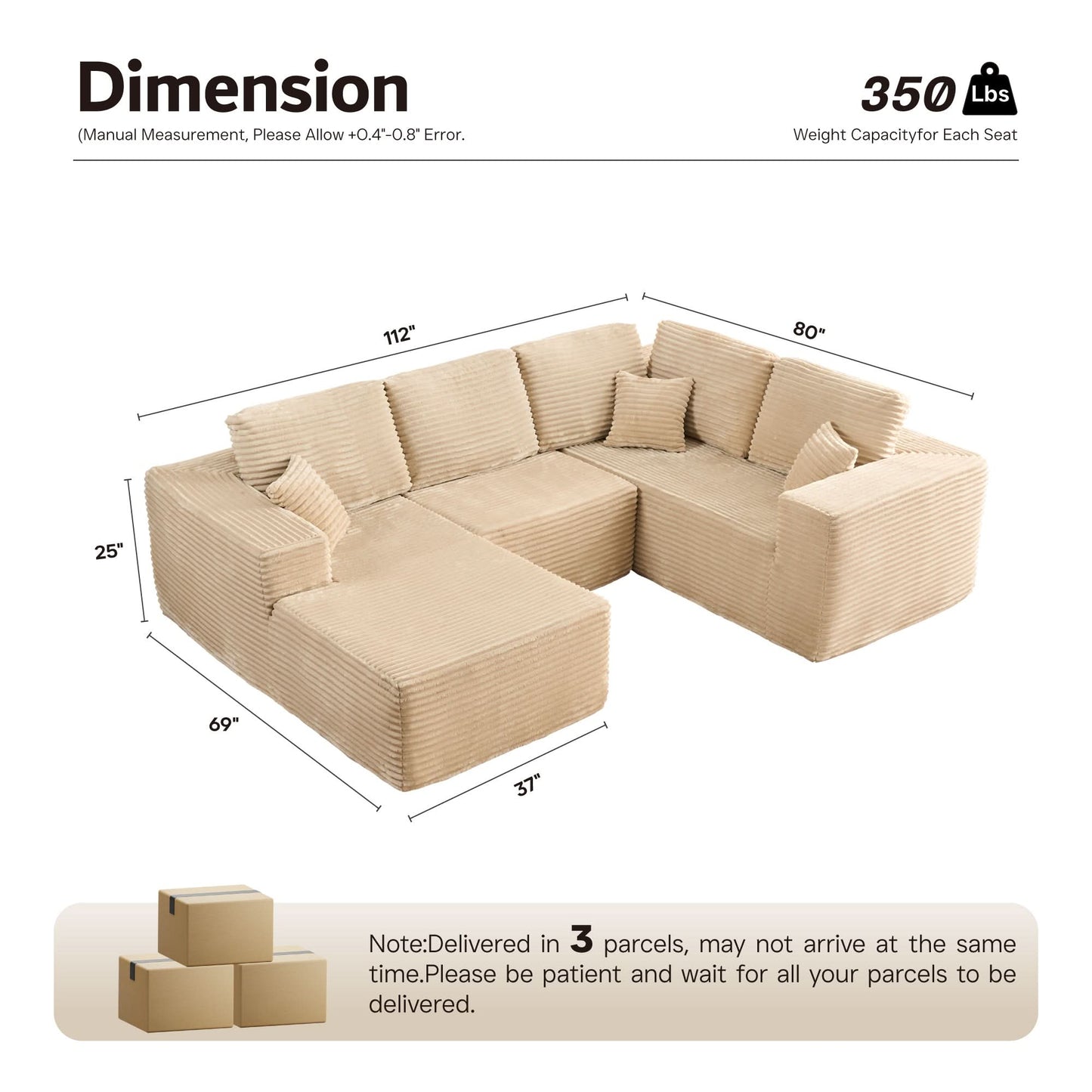 Modular Sectional Cloud Couch, Plush Corduroy Sofa with Memory Foam, No Assembly