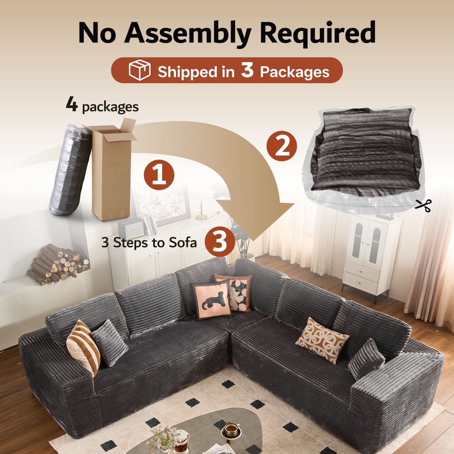 Modular Sectional Cloud Couch, Plush Corduroy Sofa with Memory Foam, No Assembly