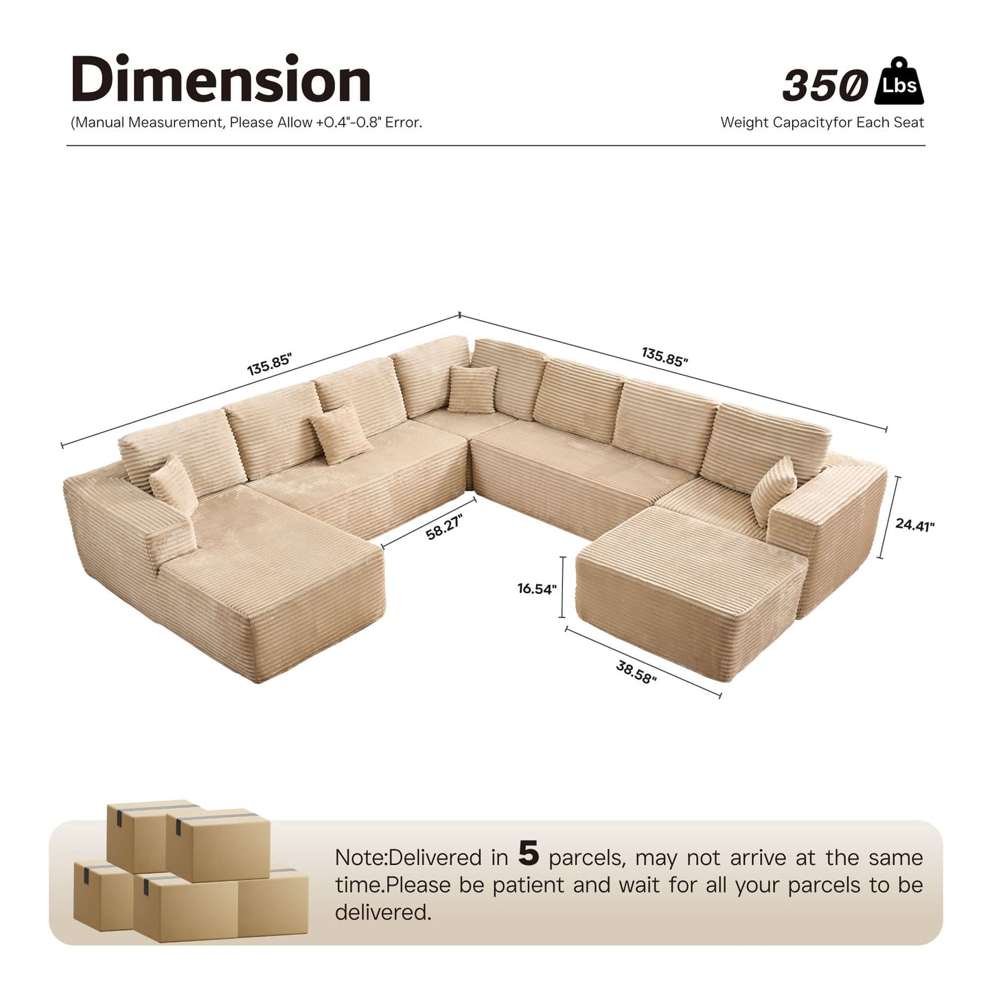 Modular Sectional Cloud Couch, Plush Corduroy Sofa with Memory Foam, No Assembly