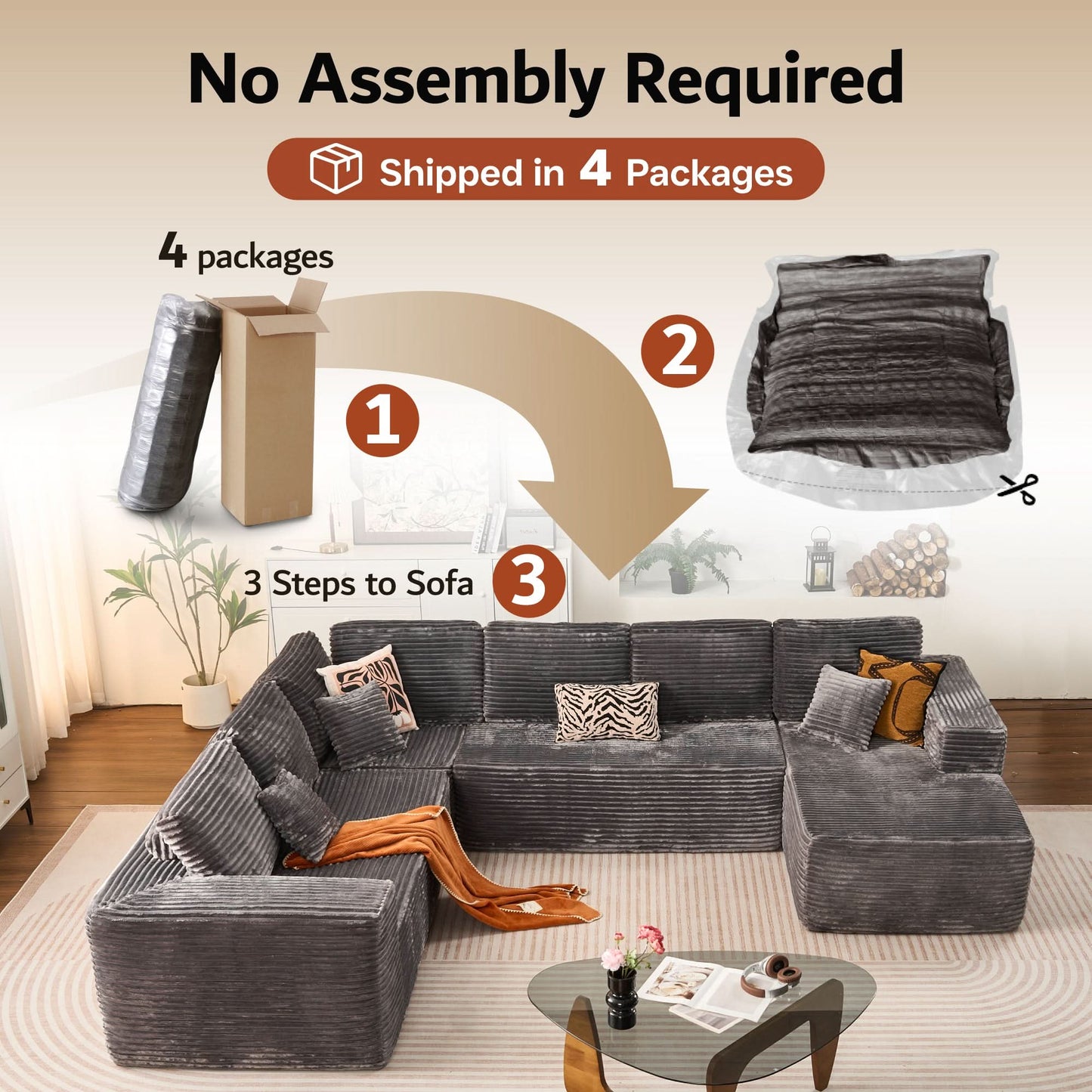 Modular Sectional Cloud Couch, Plush Corduroy Sofa with Memory Foam, No Assembly