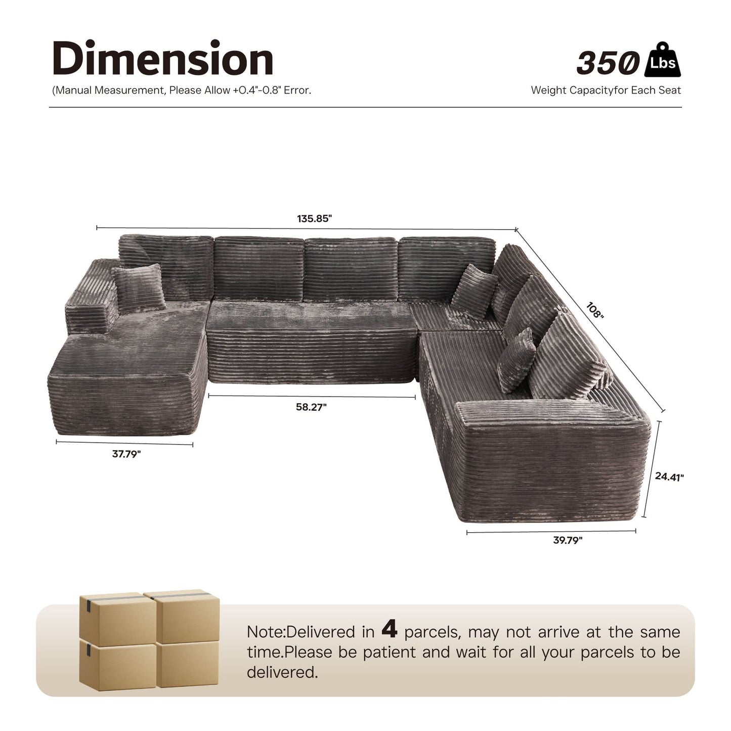 Modular Sectional Cloud Couch, Plush Corduroy Sofa with Memory Foam, No Assembly