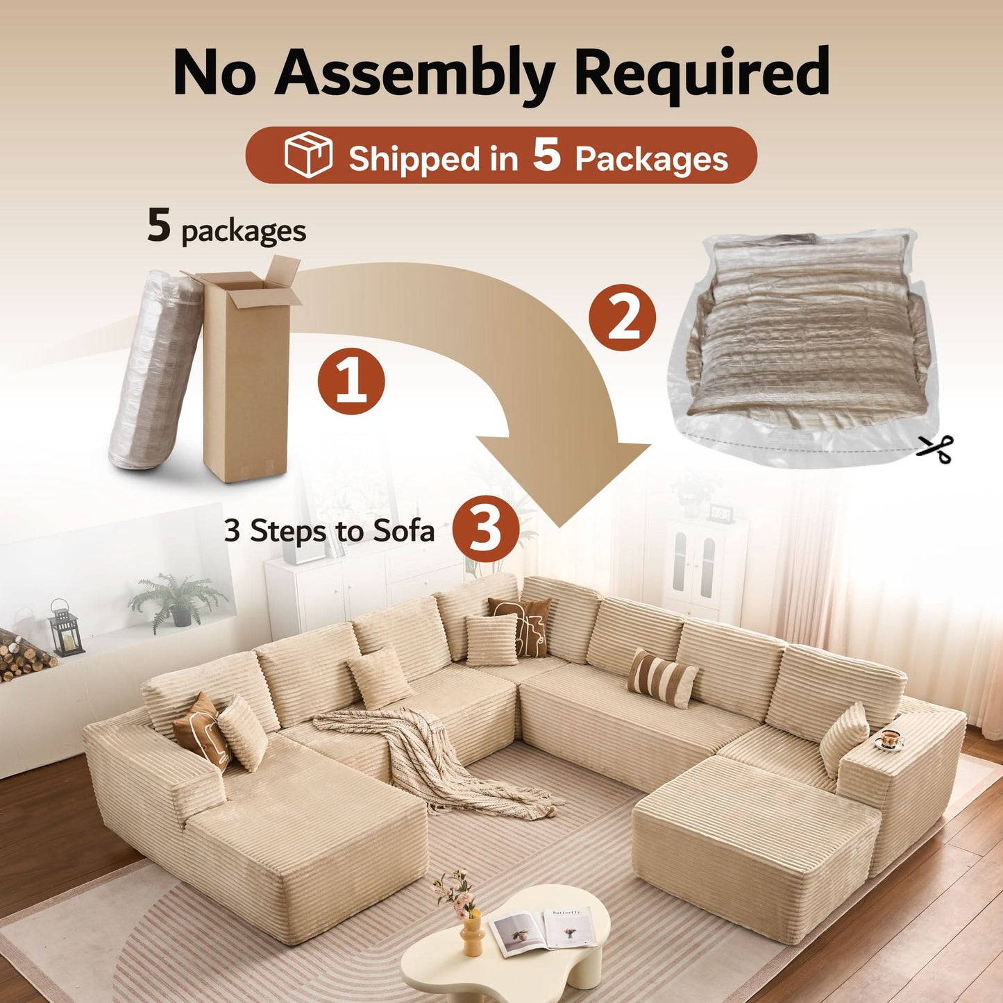 Modular Sectional Cloud Couch, Plush Corduroy Sofa with Memory Foam, No Assembly