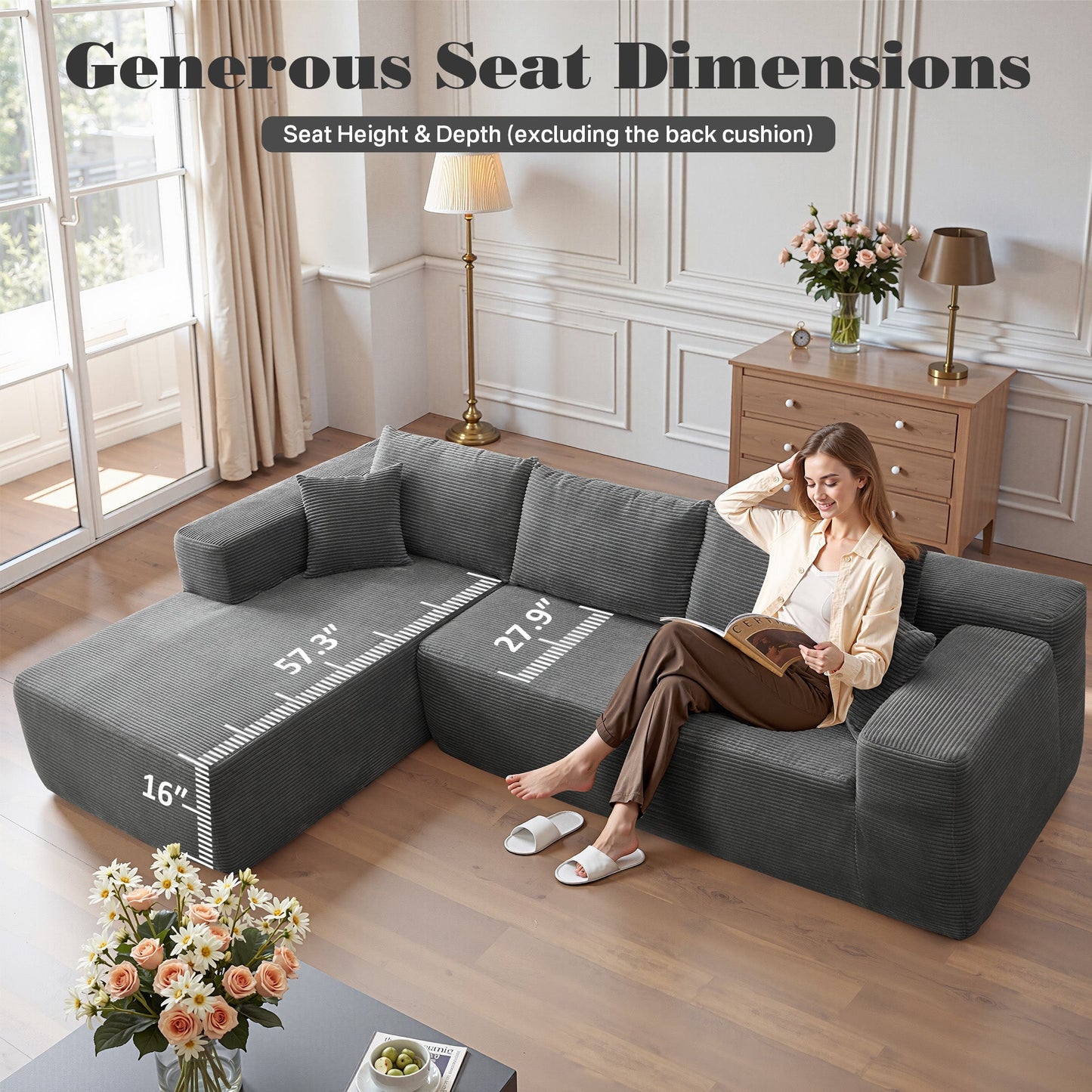 104" L-Shape Modular Couch with Chaise,Corduroy Fabric,No Assembly Required