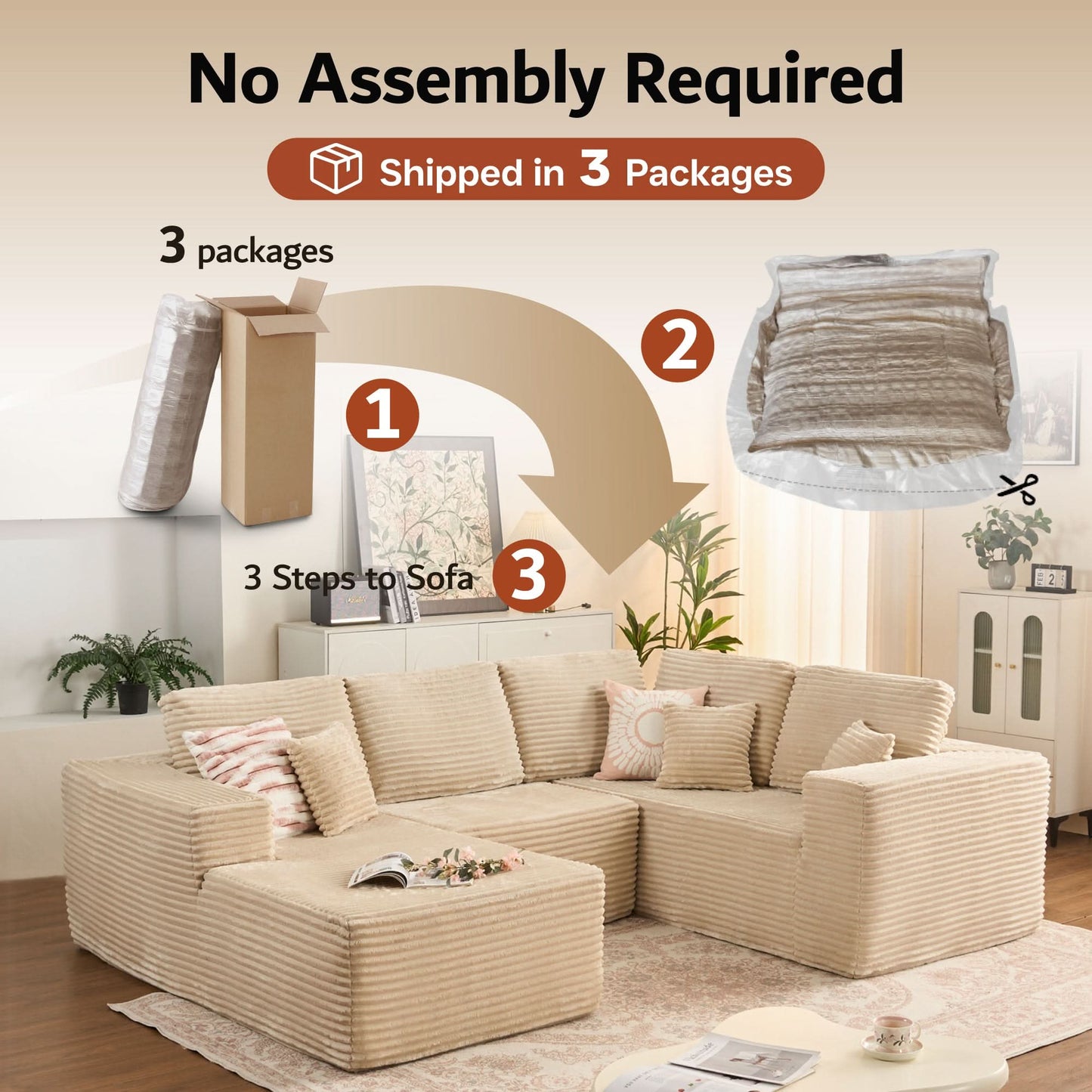 Modular Sectional Cloud Couch, Plush Corduroy Sofa with Memory Foam, No Assembly