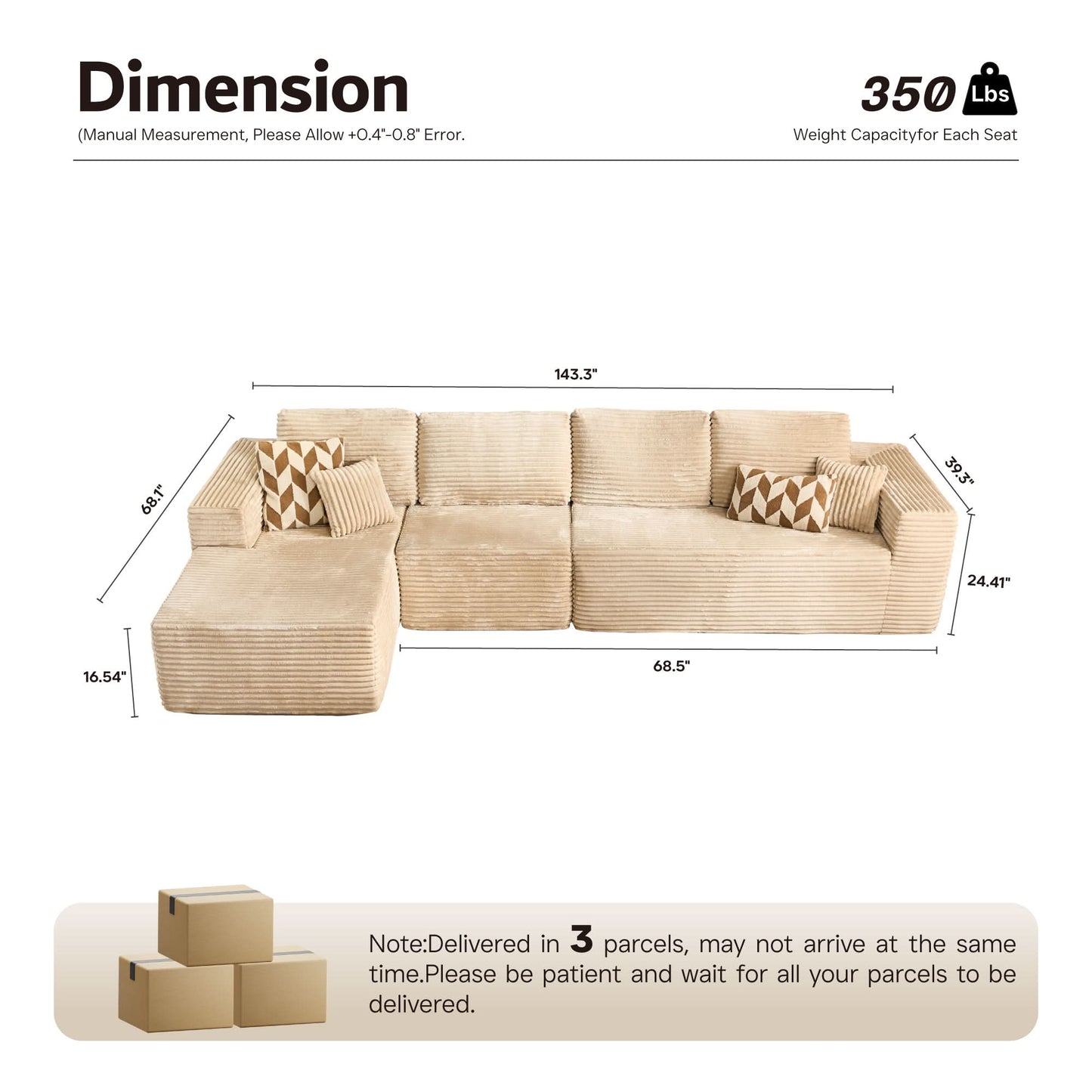Modular Sectional Cloud Couch, Plush Corduroy Sofa with Memory Foam, No Assembly