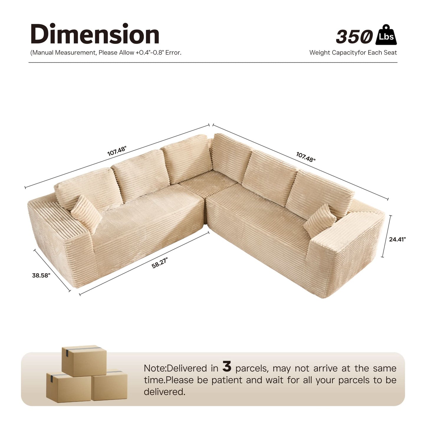 Modular Sectional Cloud Couch, Plush Corduroy Sofa with Memory Foam, No Assembly