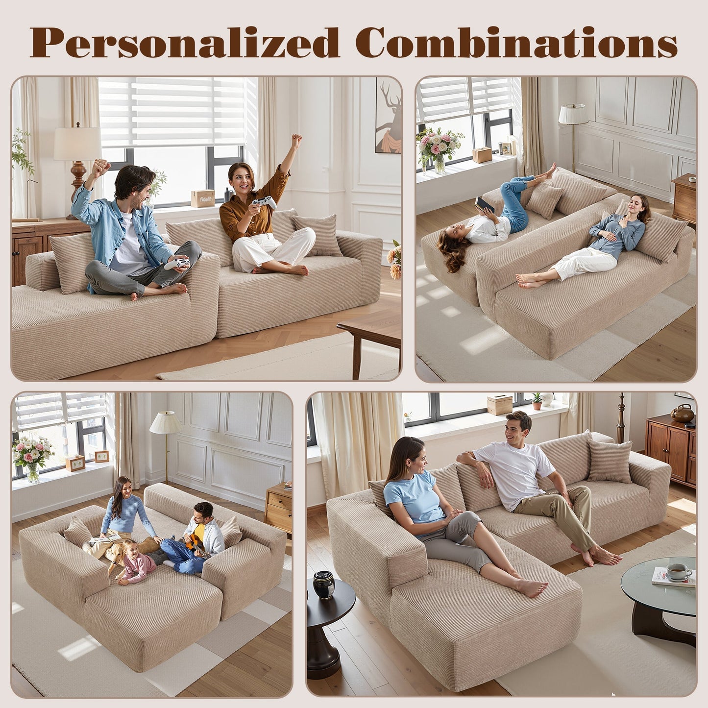 104" L-Shape Modular Couch with Chaise, Plush Corduroy Fabric, No Assembly Required