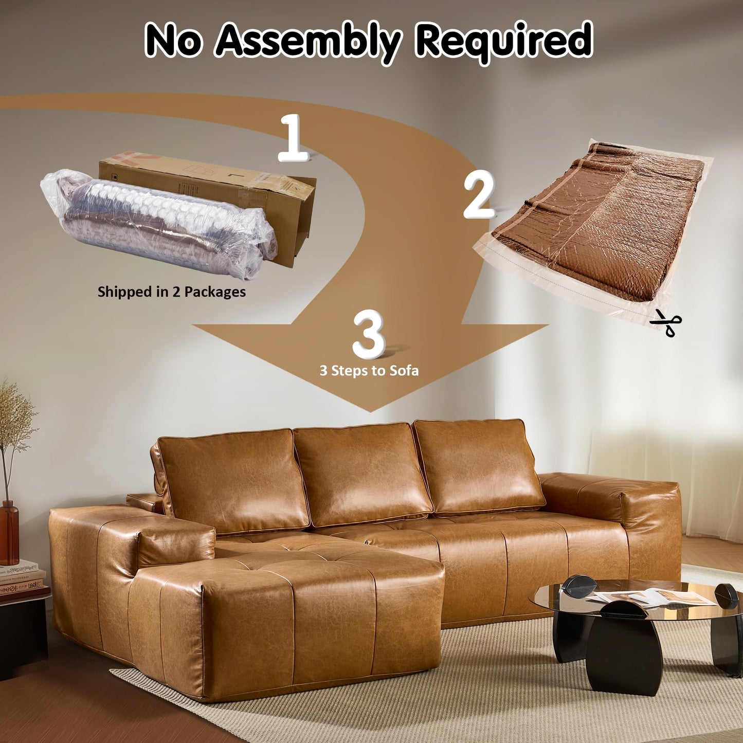 114" Cloud Sectional Sofa - L-Shaped Faux Leather Modular Couch with Deep Seat Chaise