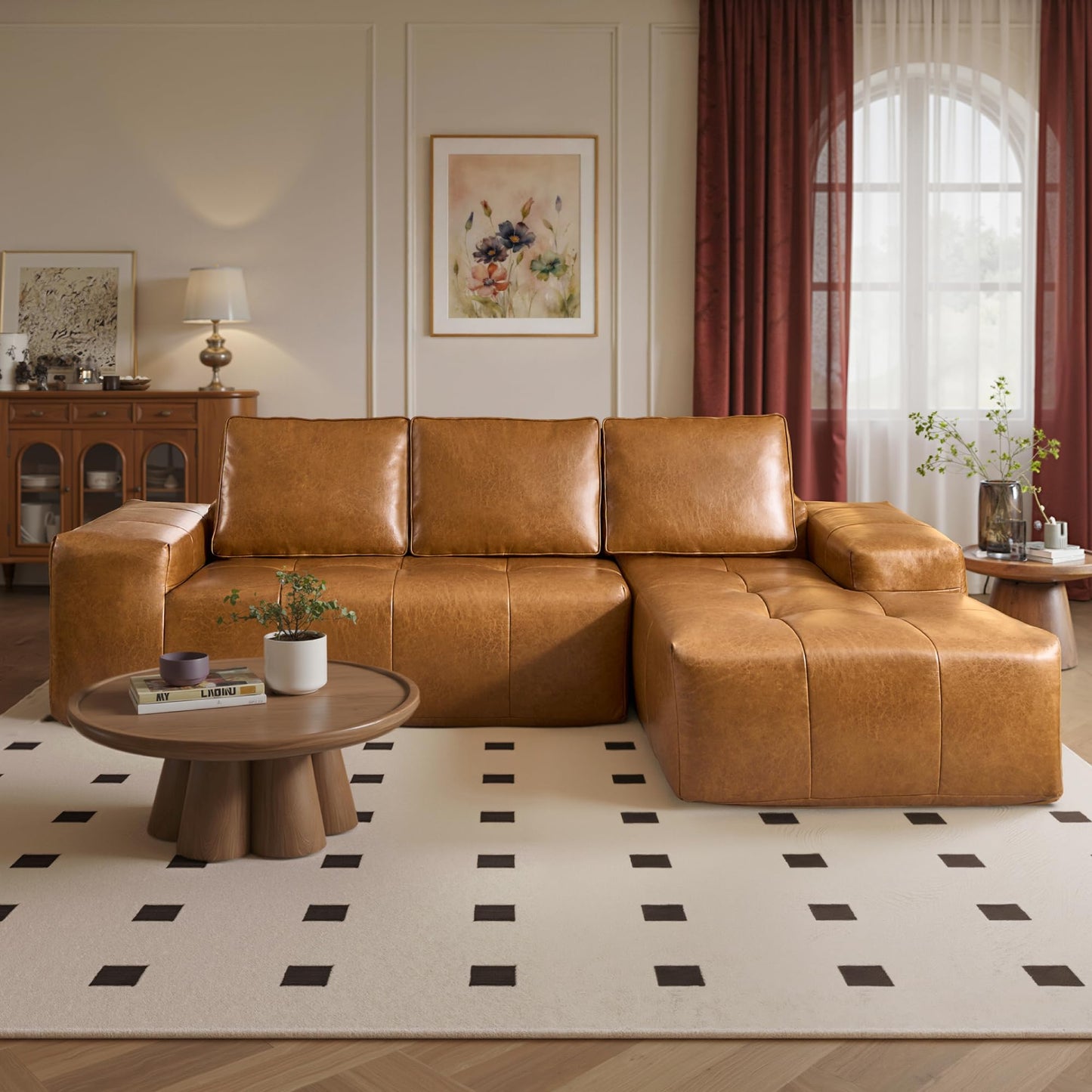 114" Cloud Sectional Sofa - L-Shaped Faux Leather Modular Couch with Deep Seat Chaise