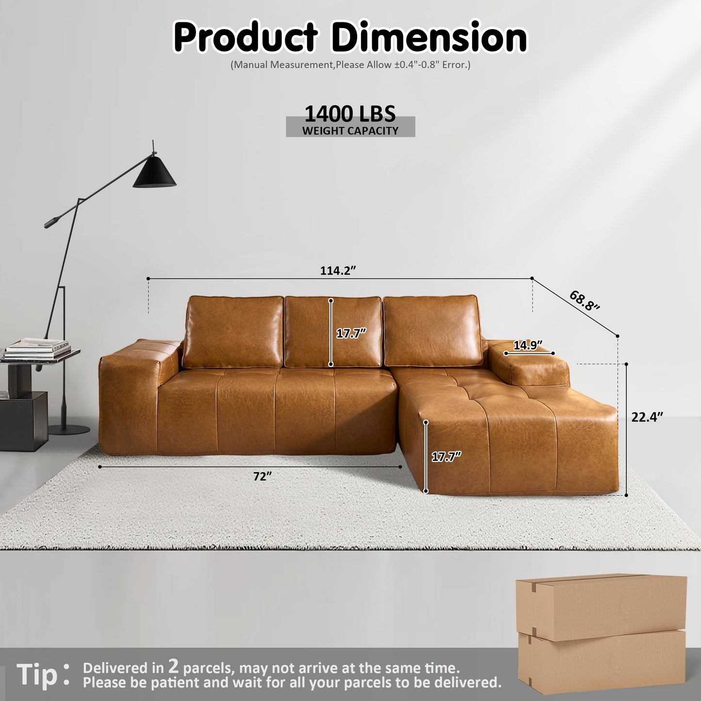 114" Cloud Sectional Sofa - L-Shaped Faux Leather Modular Couch with Deep Seat Chaise