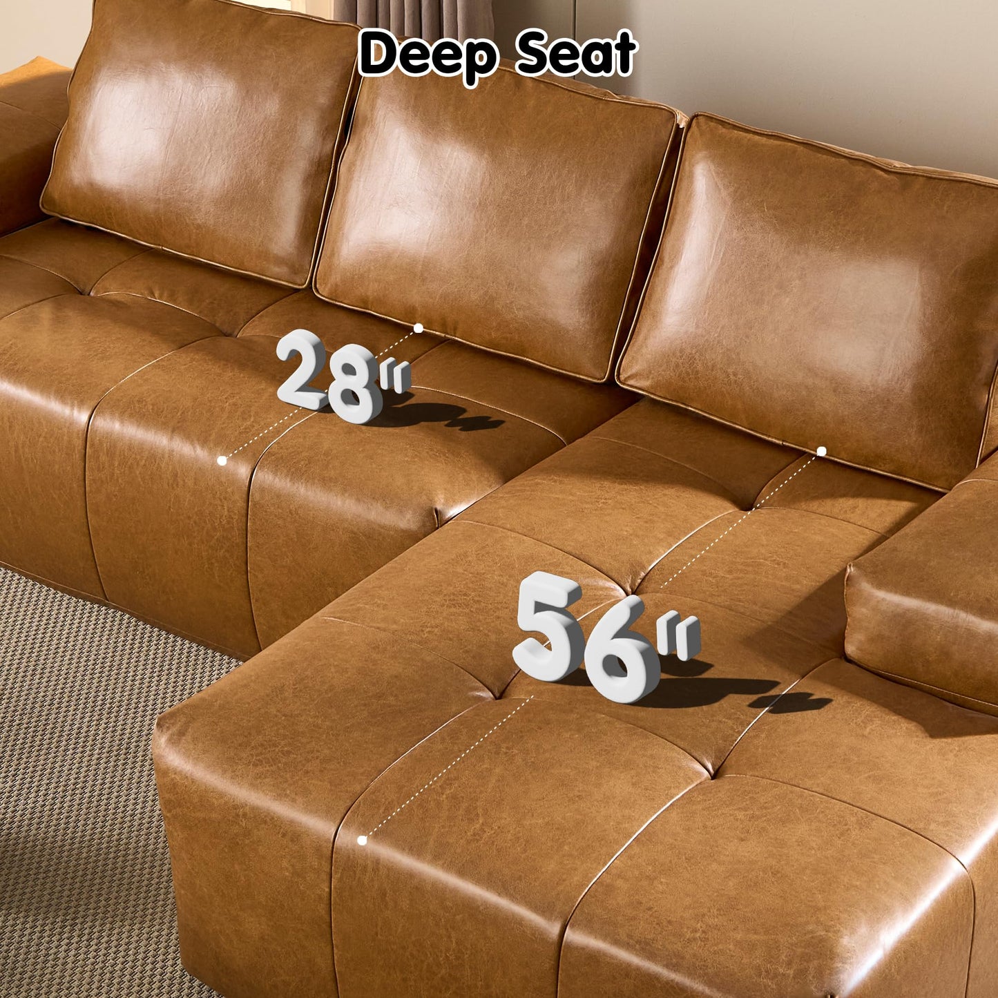 114" Cloud Sectional Sofa - L-Shaped Faux Leather Modular Couch with Deep Seat Chaise