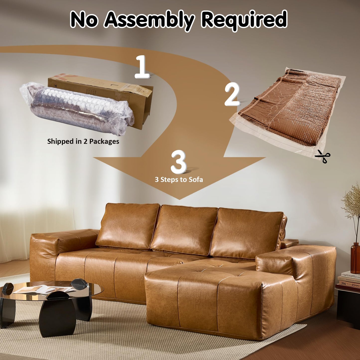 114" Cloud Sectional Sofa - L-Shaped Faux Leather Modular Couch with Deep Seat Chaise