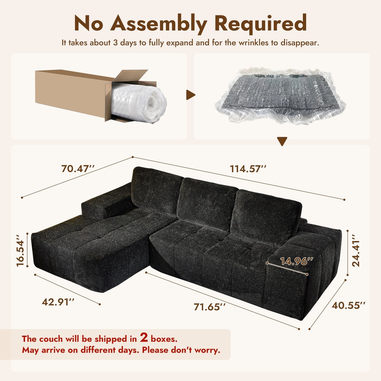 114" Cloud Sectional Sofa - L-Shaped Faux Leather Modular Couch with Deep Seat Chaise