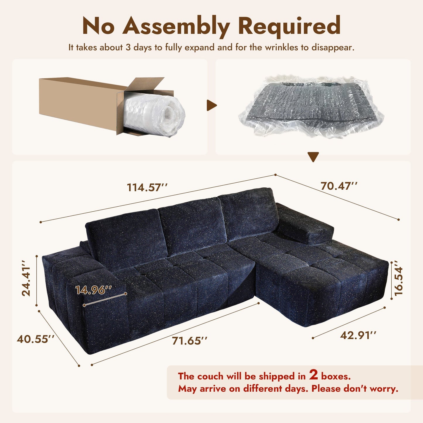 114" Cloud Sectional Sofa - L-Shaped Faux Leather Modular Couch with Deep Seat Chaise