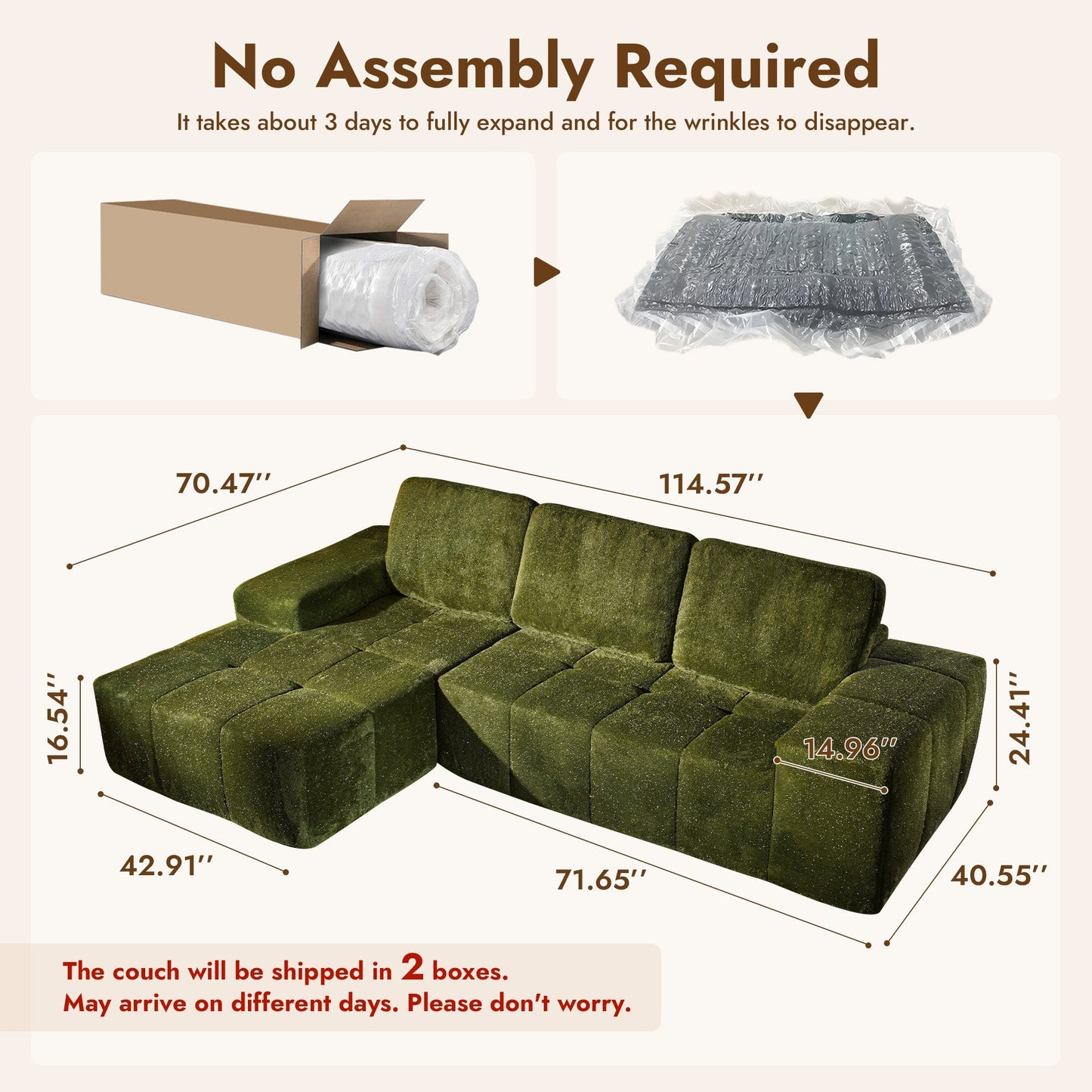 114" Cloud Sectional Sofa - L-Shaped Faux Leather Modular Couch with Deep Seat Chaise