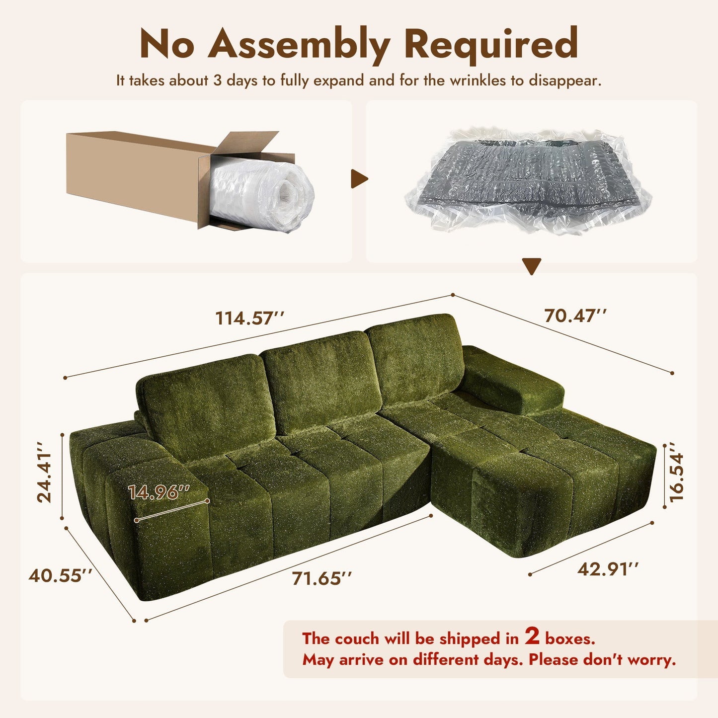 114" Cloud Sectional Sofa - L-Shaped Faux Leather Modular Couch with Deep Seat Chaise