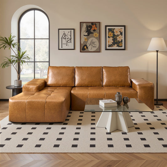 114" Cloud Sectional Sofa - L-Shaped Faux Leather Modular Couch with Deep Seat Chaise