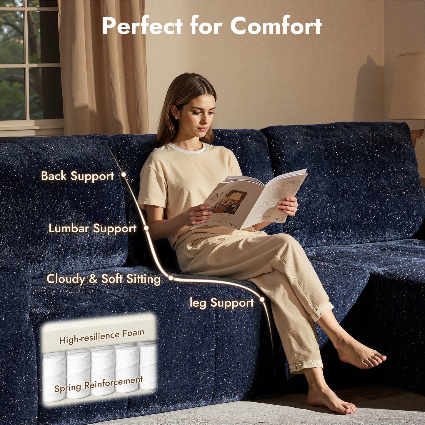 114" Cloud Sectional Sofa - L-Shaped Faux Leather Modular Couch with Deep Seat Chaise