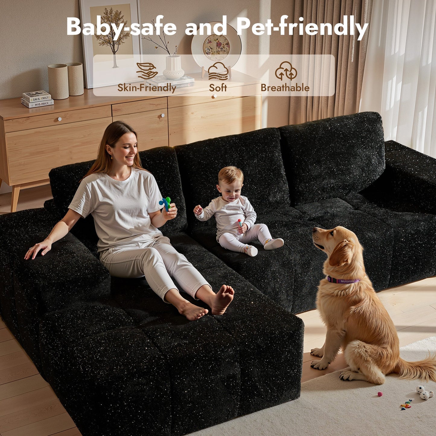 114" Cloud Sectional Sofa - L-Shaped Faux Leather Modular Couch with Deep Seat Chaise