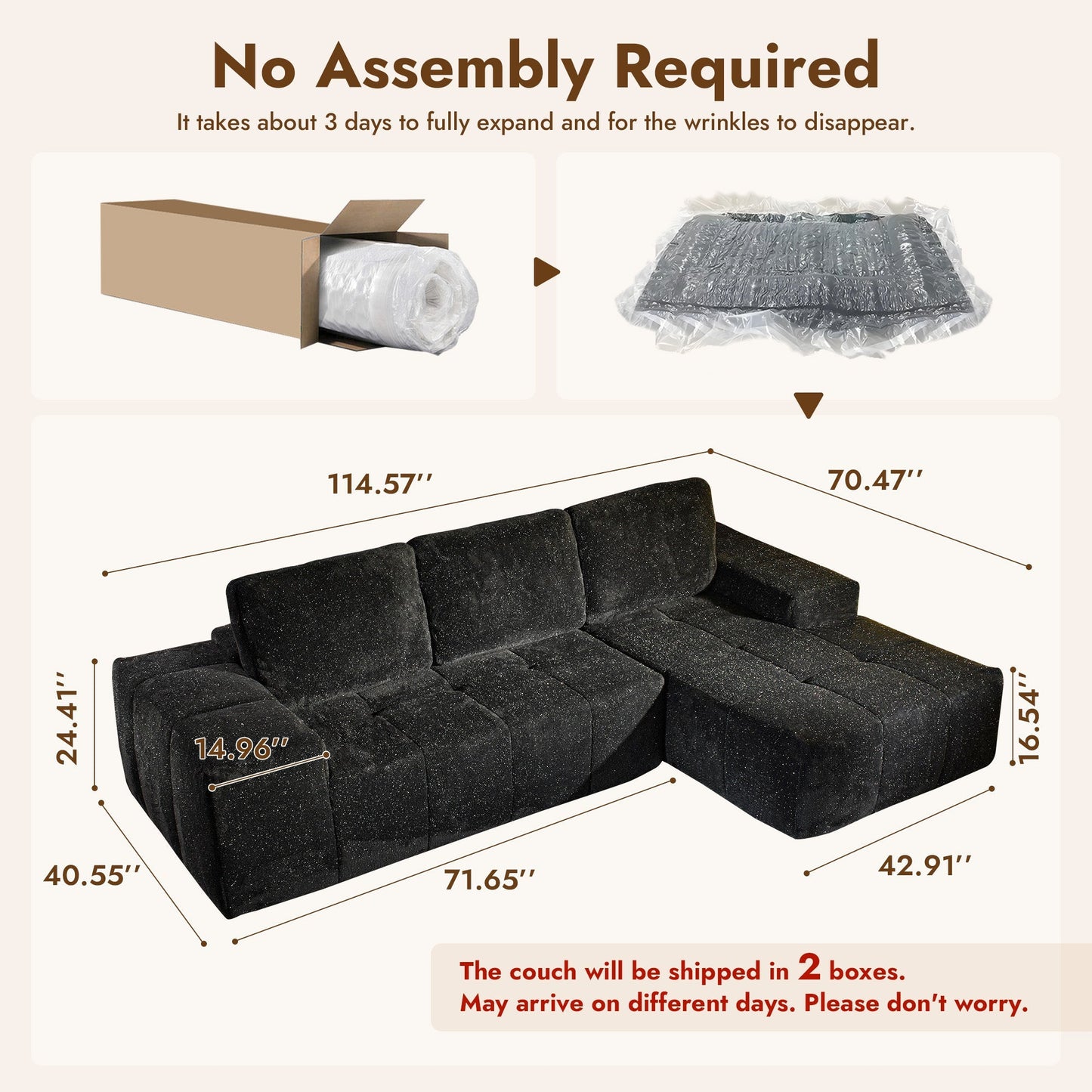 114" Cloud Sectional Sofa - L-Shaped Faux Leather Modular Couch with Deep Seat Chaise