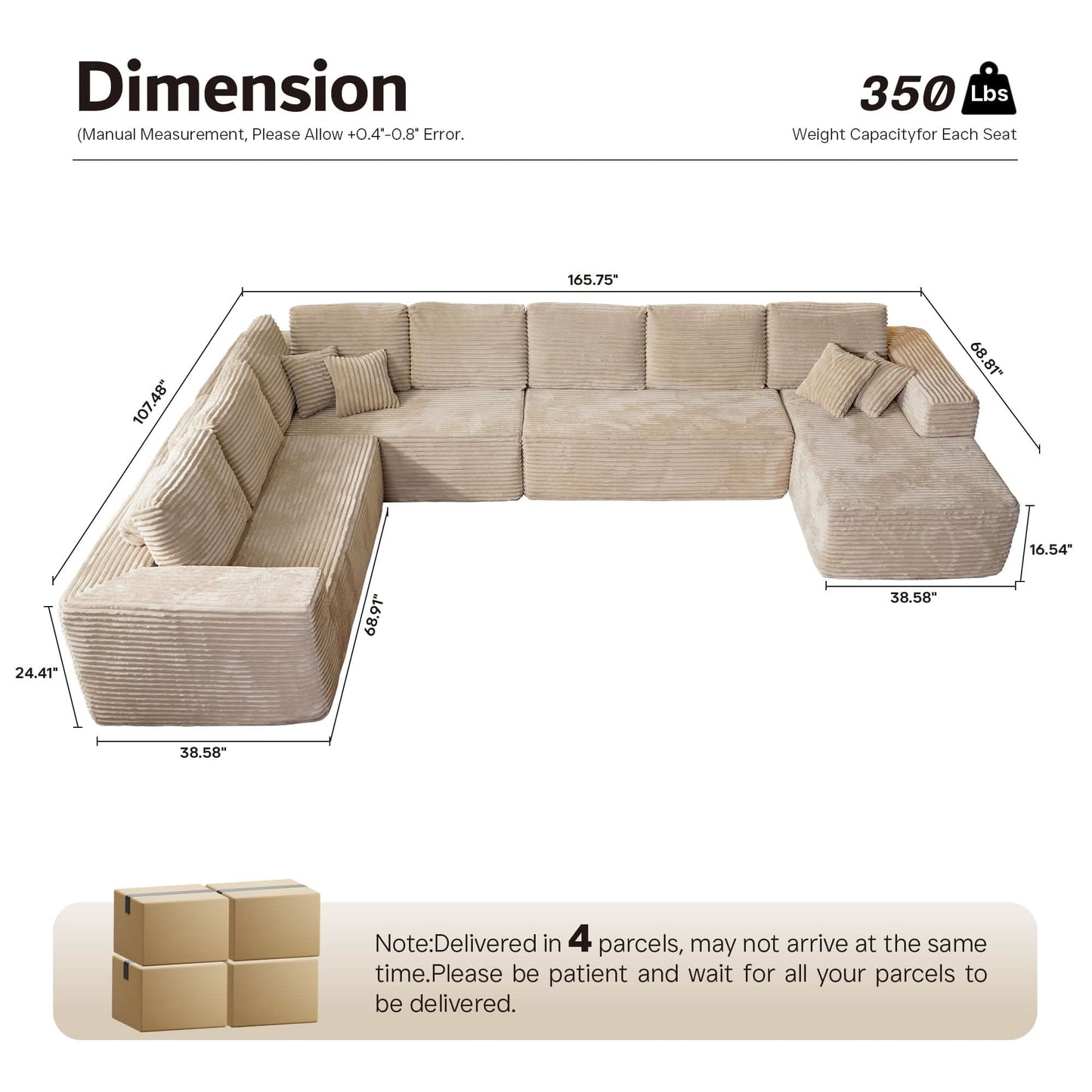 Modular Sectional Cloud Couch, Plush Corduroy Sofa with Memory Foam, No Assembly