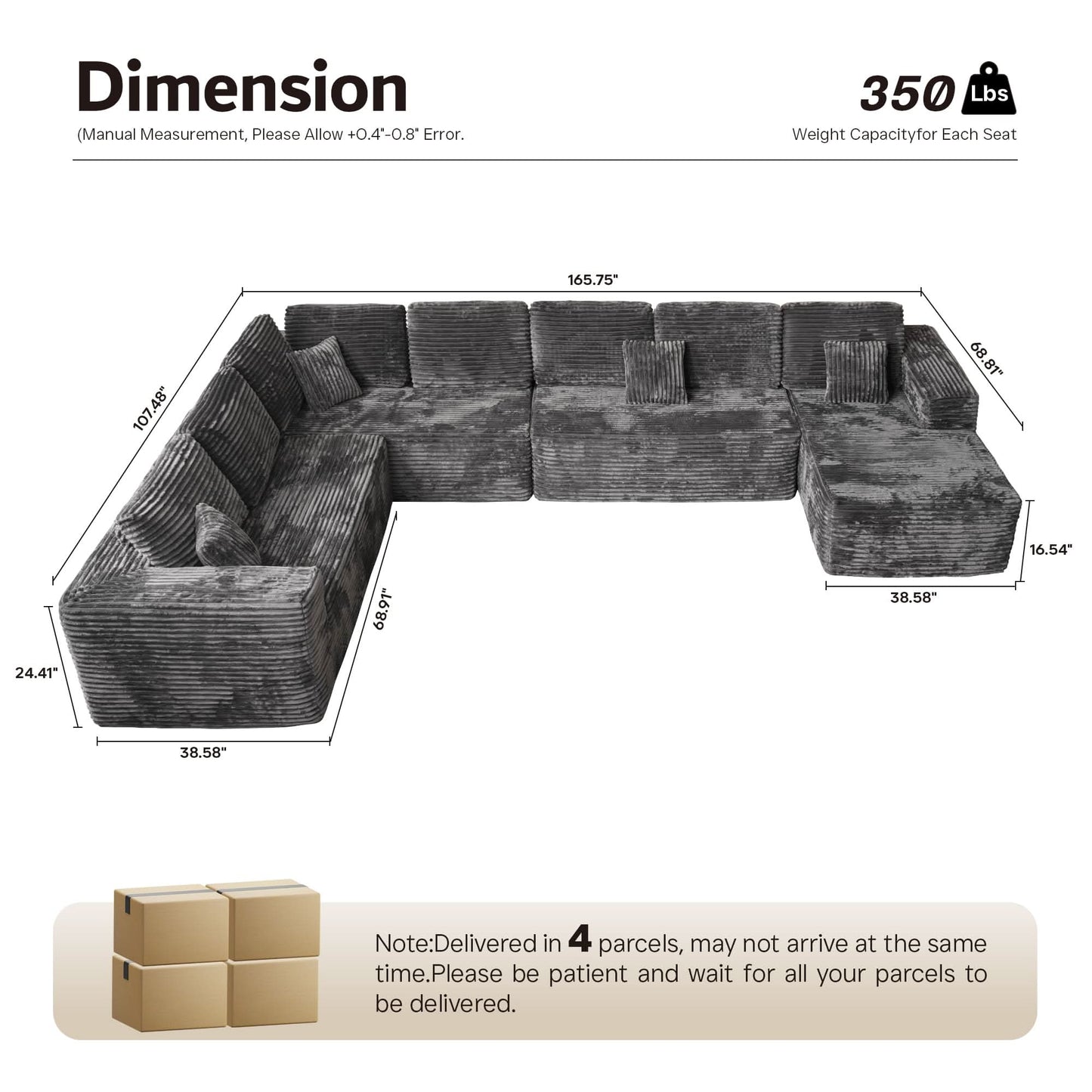 Modular Sectional Cloud Couch, Plush Corduroy Sofa with Memory Foam, No Assembly