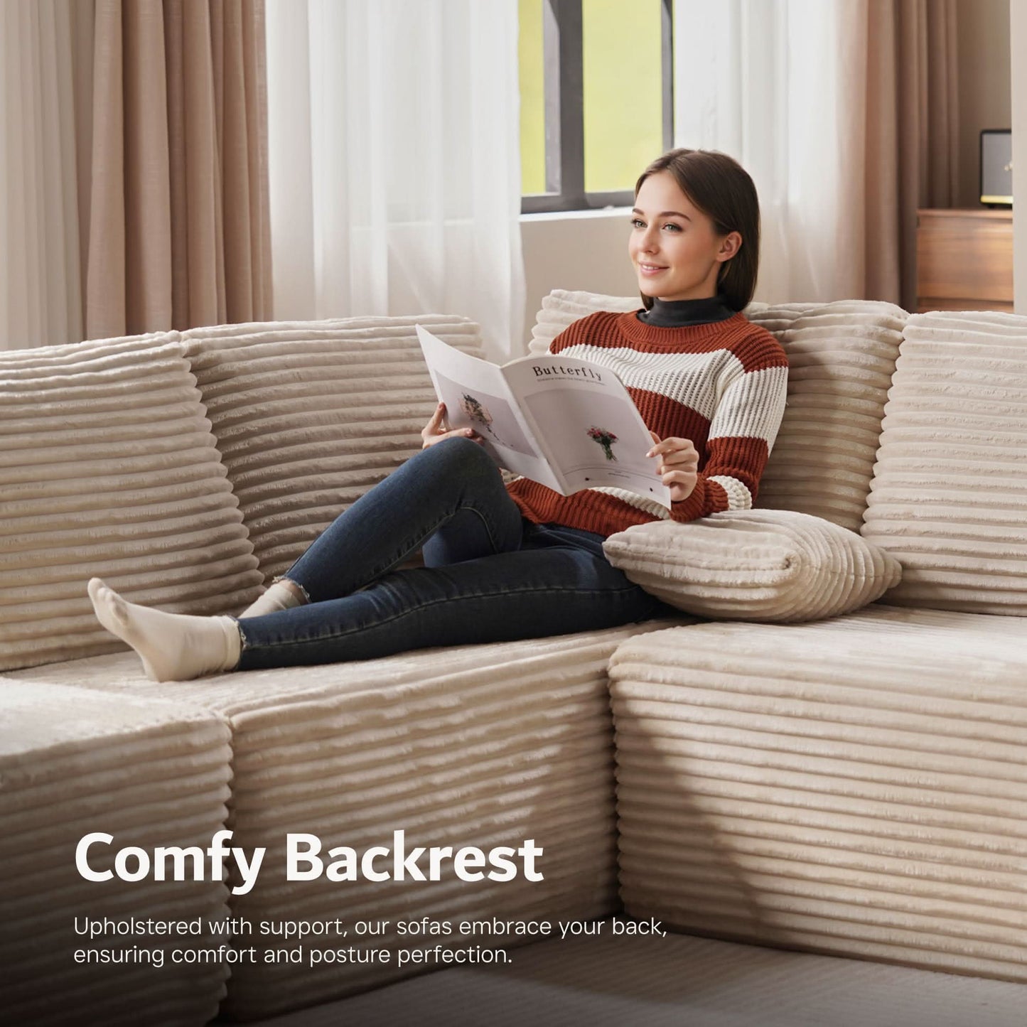Modular Sectional Cloud Couch, Plush Corduroy Sofa with Memory Foam, No Assembly