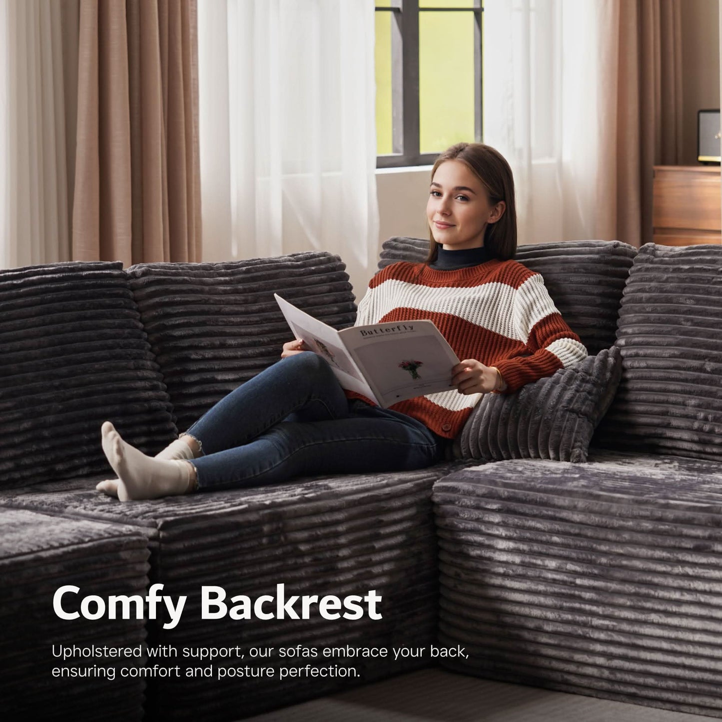 Modular Sectional Cloud Couch, Plush Corduroy Sofa with Memory Foam, No Assembly
