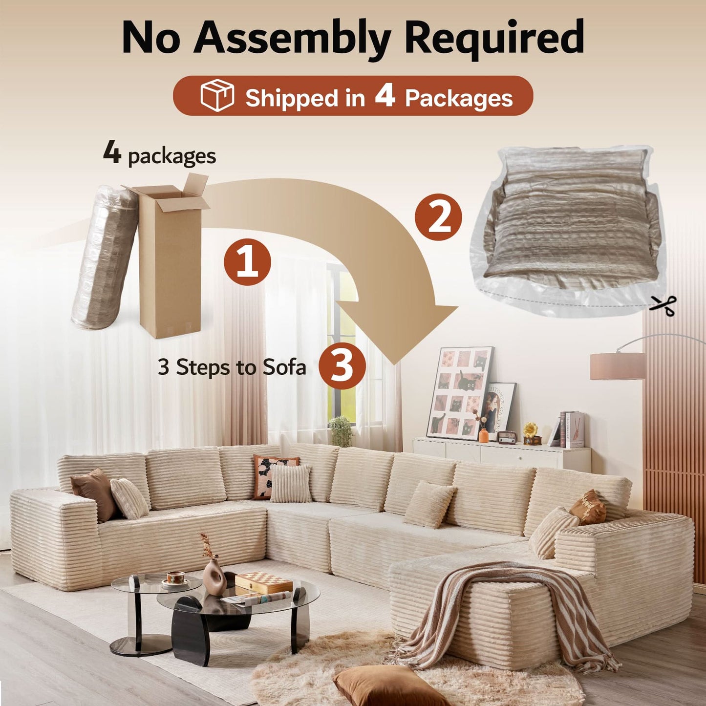 Modular Sectional Cloud Couch, Plush Corduroy Sofa with Memory Foam, No Assembly