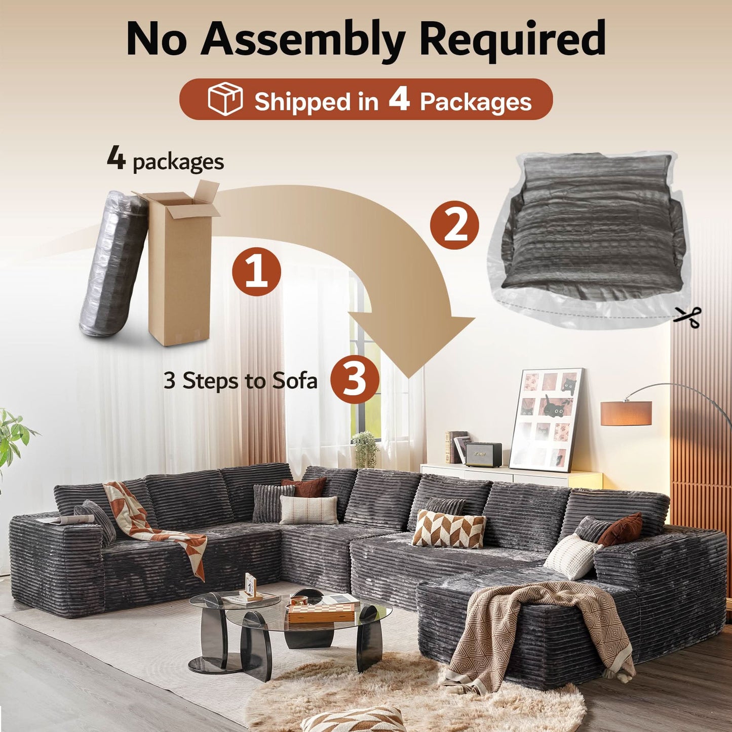 Modular Sectional Cloud Couch, Plush Corduroy Sofa with Memory Foam, No Assembly