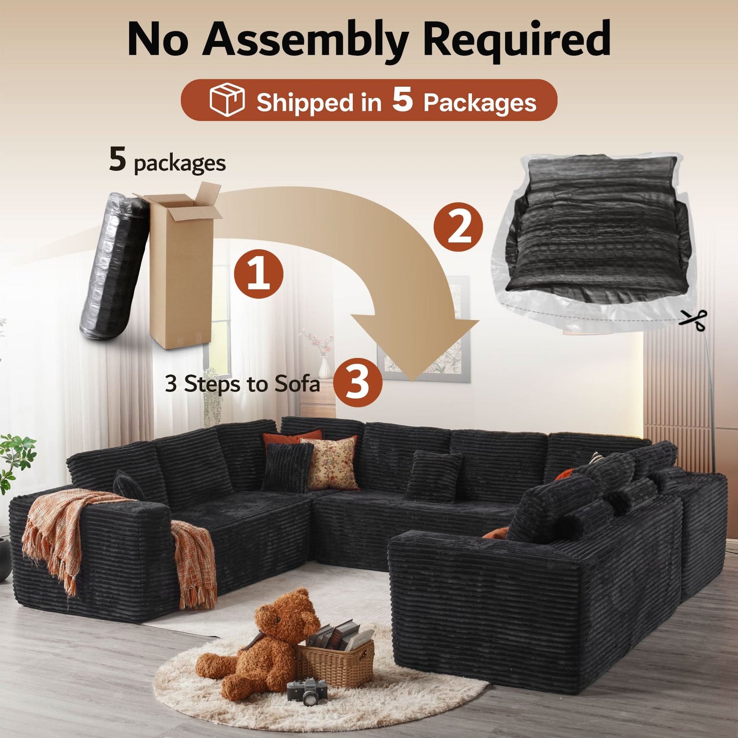 Modular Sectional Cloud Couch, Plush Corduroy Sofa with Memory Foam, No Assembly