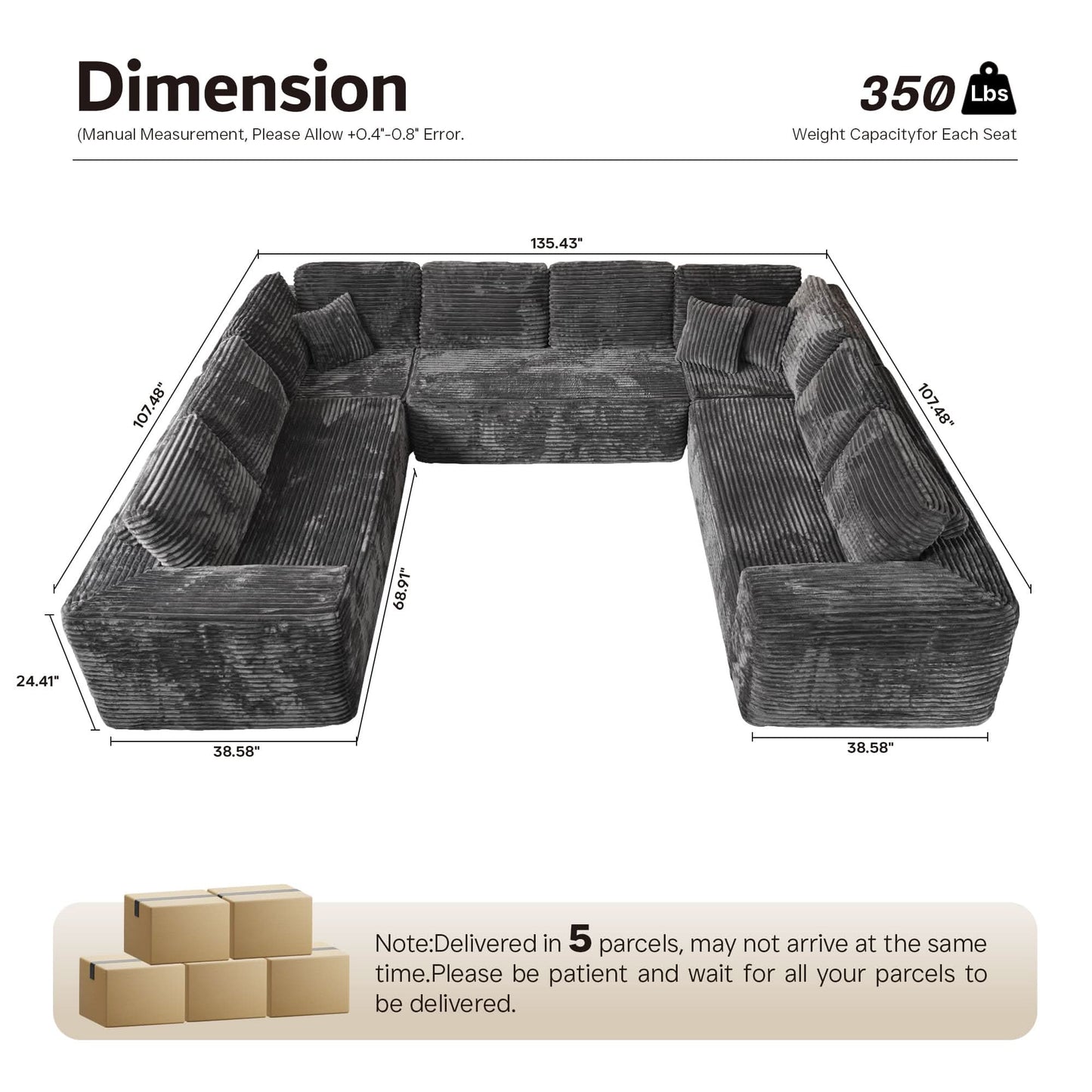 Modular Sectional Cloud Couch, Plush Corduroy Sofa with Memory Foam, No Assembly