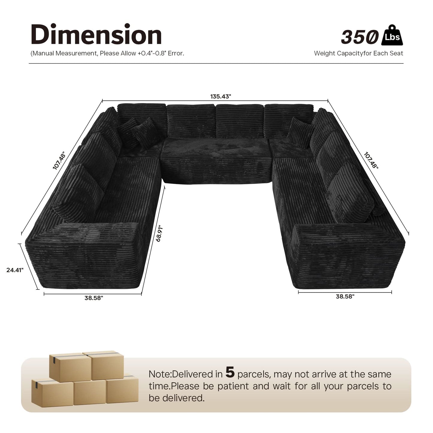 Modular Sectional Cloud Couch, Plush Corduroy Sofa with Memory Foam, No Assembly