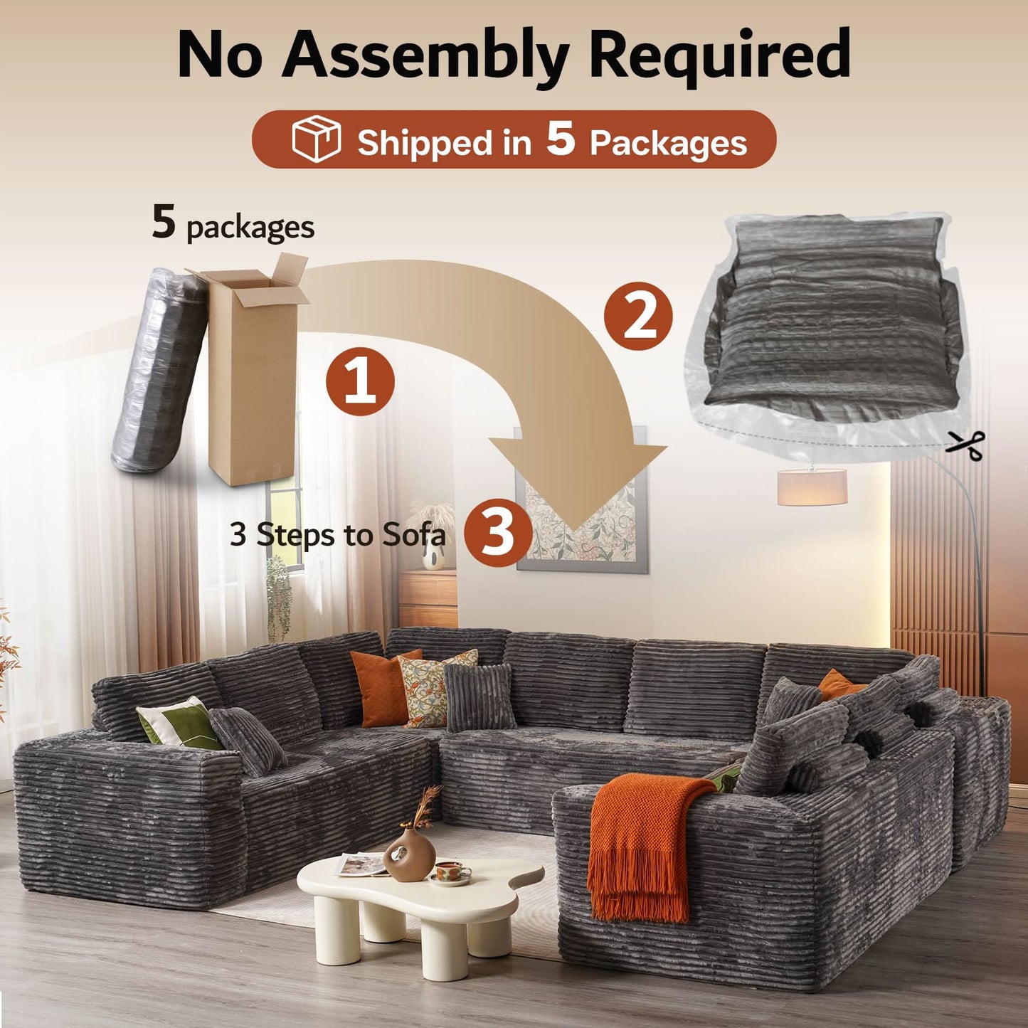 Modular Sectional Cloud Couch, Plush Corduroy Sofa with Memory Foam, No Assembly