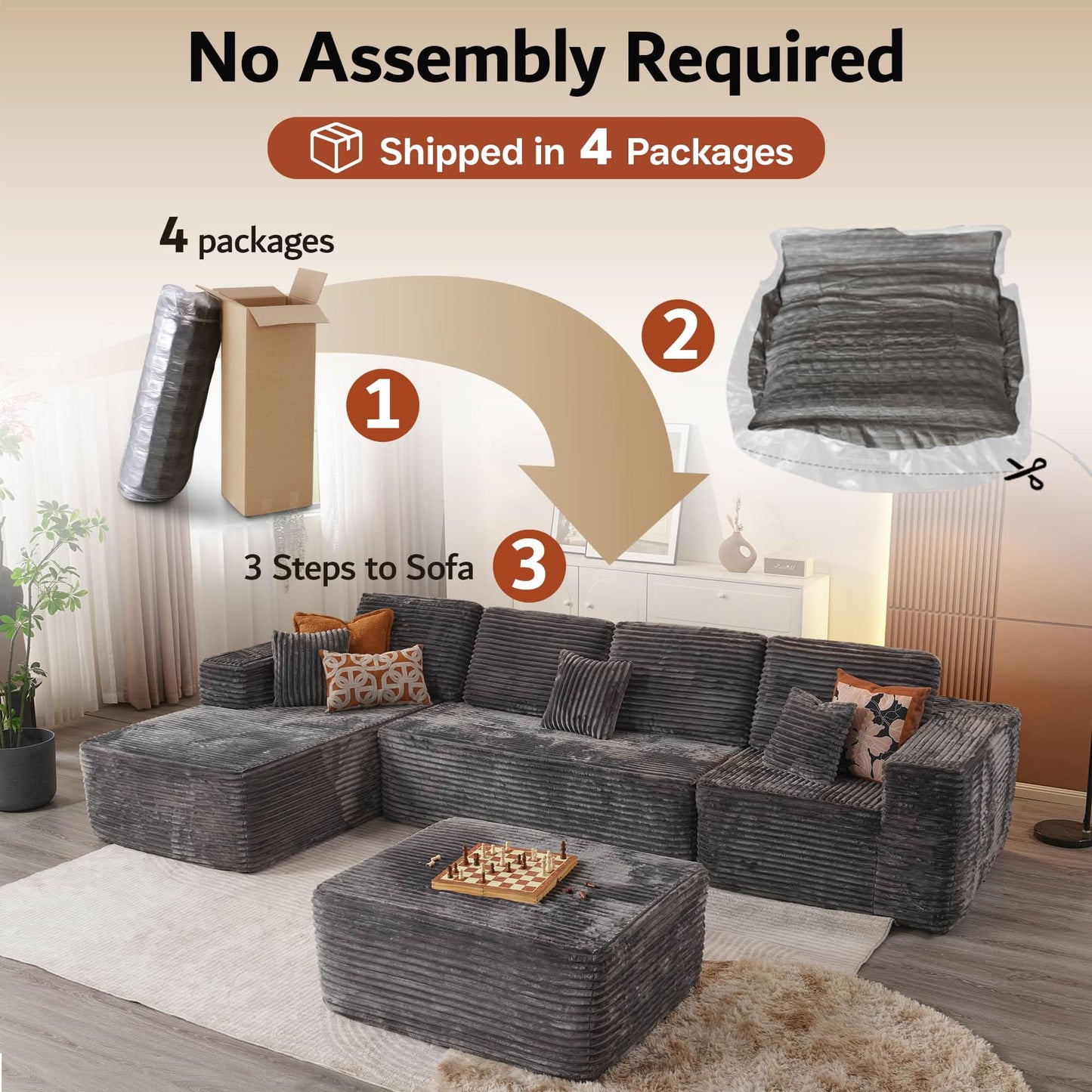 Modular Sectional Cloud Couch, Plush Corduroy Sofa with Memory Foam, No Assembly