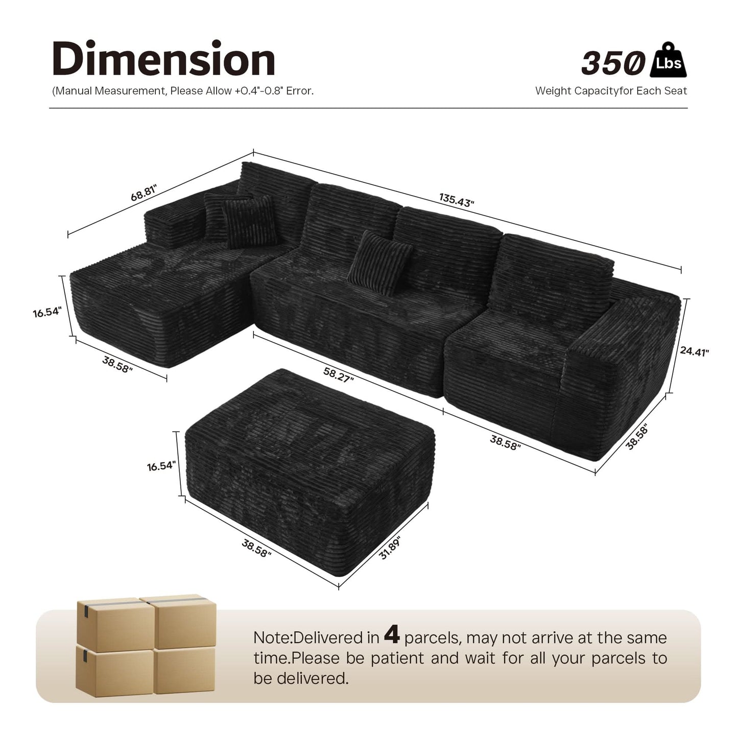Modular Sectional Cloud Couch, Plush Corduroy Sofa with Memory Foam, No Assembly