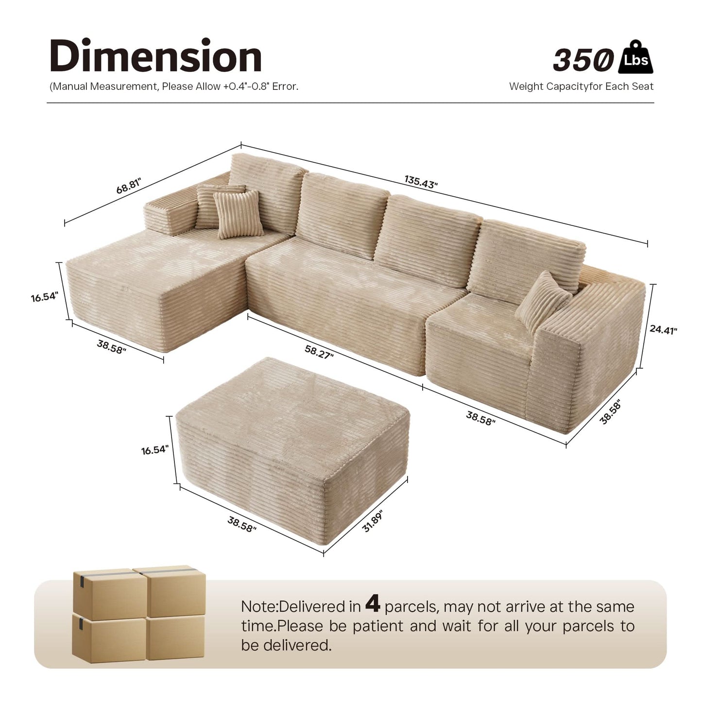 Modular Sectional Cloud Couch, Plush Corduroy Sofa with Memory Foam, No Assembly