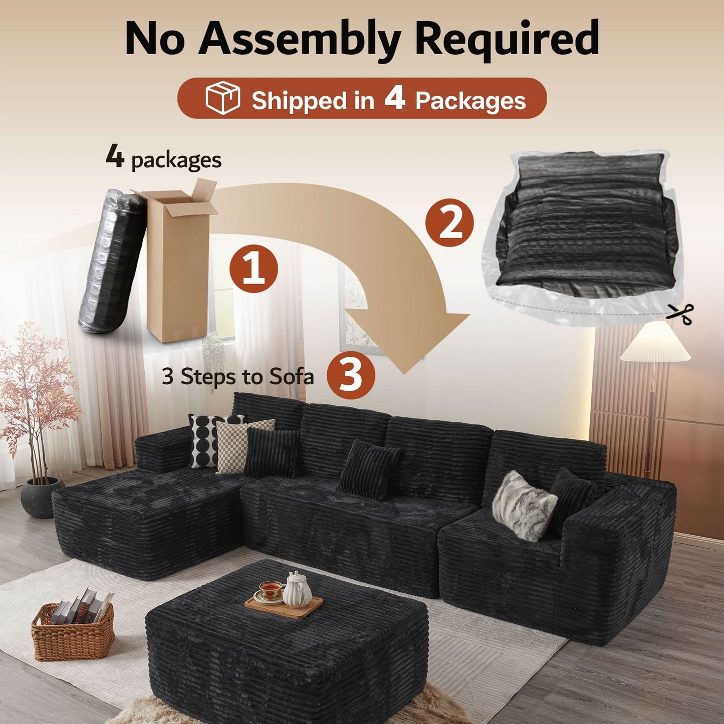 Modular Sectional Cloud Couch, Plush Corduroy Sofa with Memory Foam, No Assembly