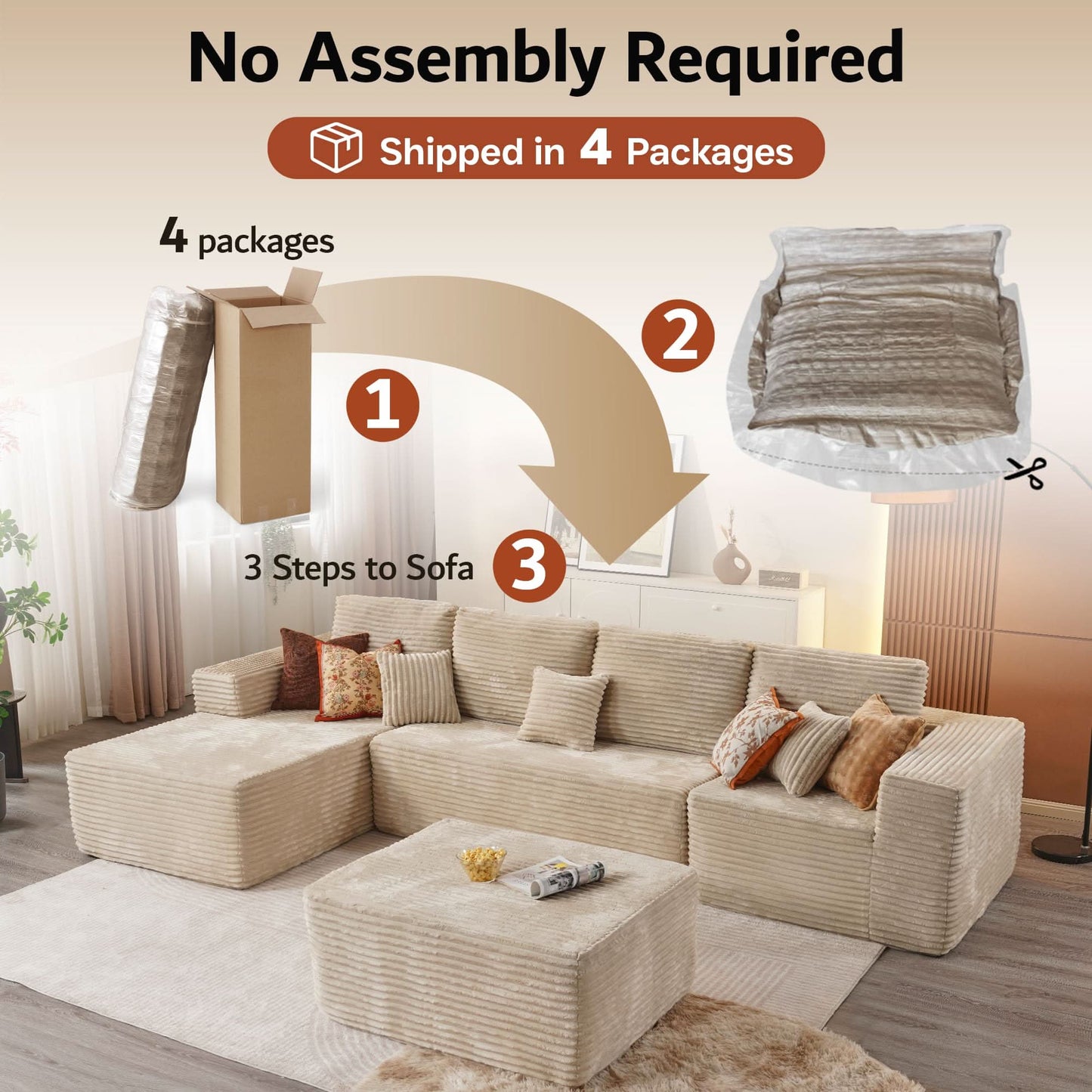 Modular Sectional Cloud Couch, Plush Corduroy Sofa with Memory Foam, No Assembly